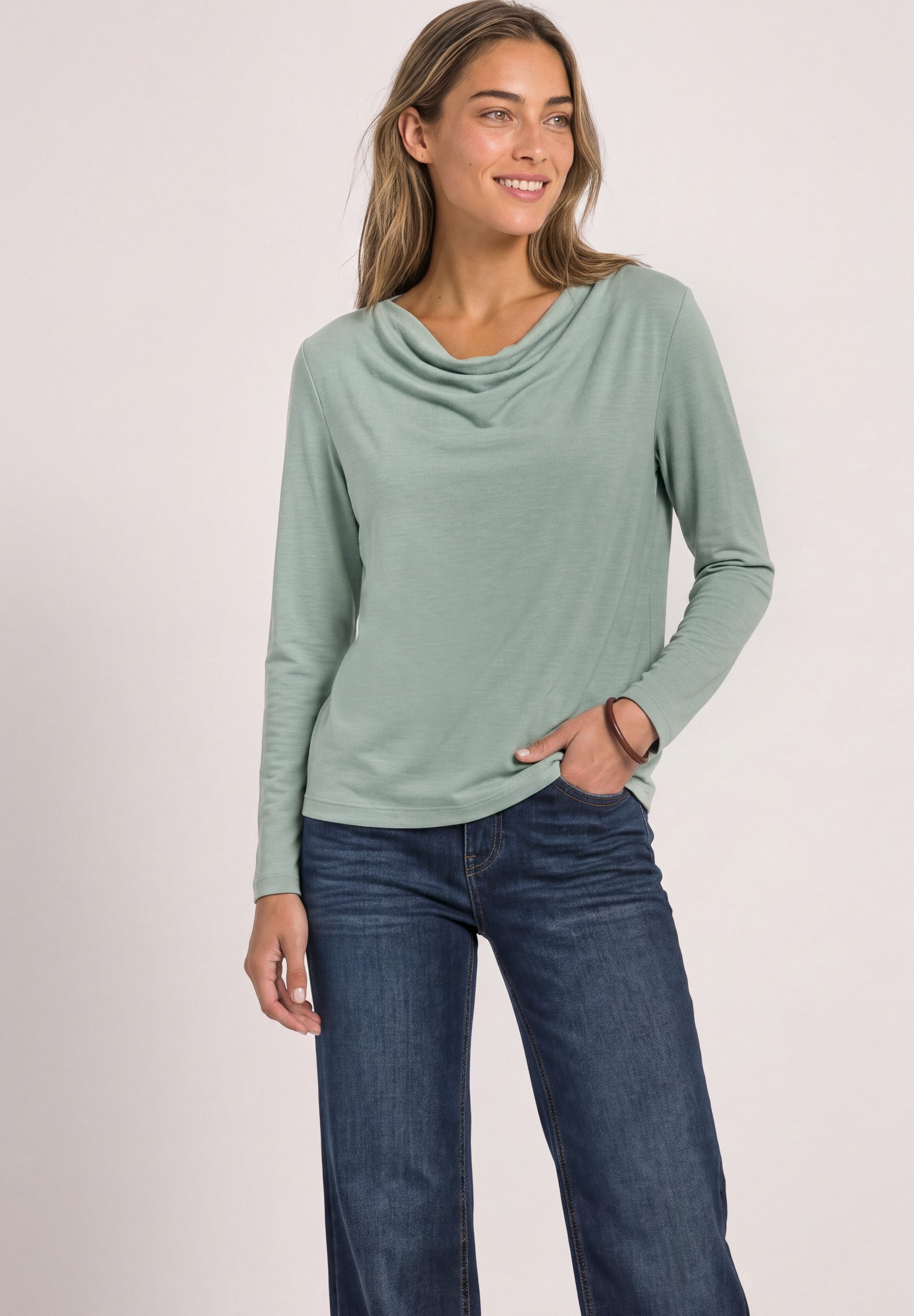STREET ONE Langarmshirt mit Wasserfallausschnitt