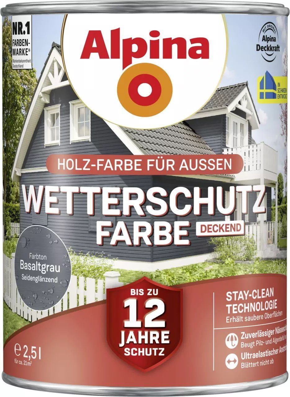 Alpina Wetterschutzfarbe Holzfarbe für außen deckend Basaltgrau 2,5 Liter