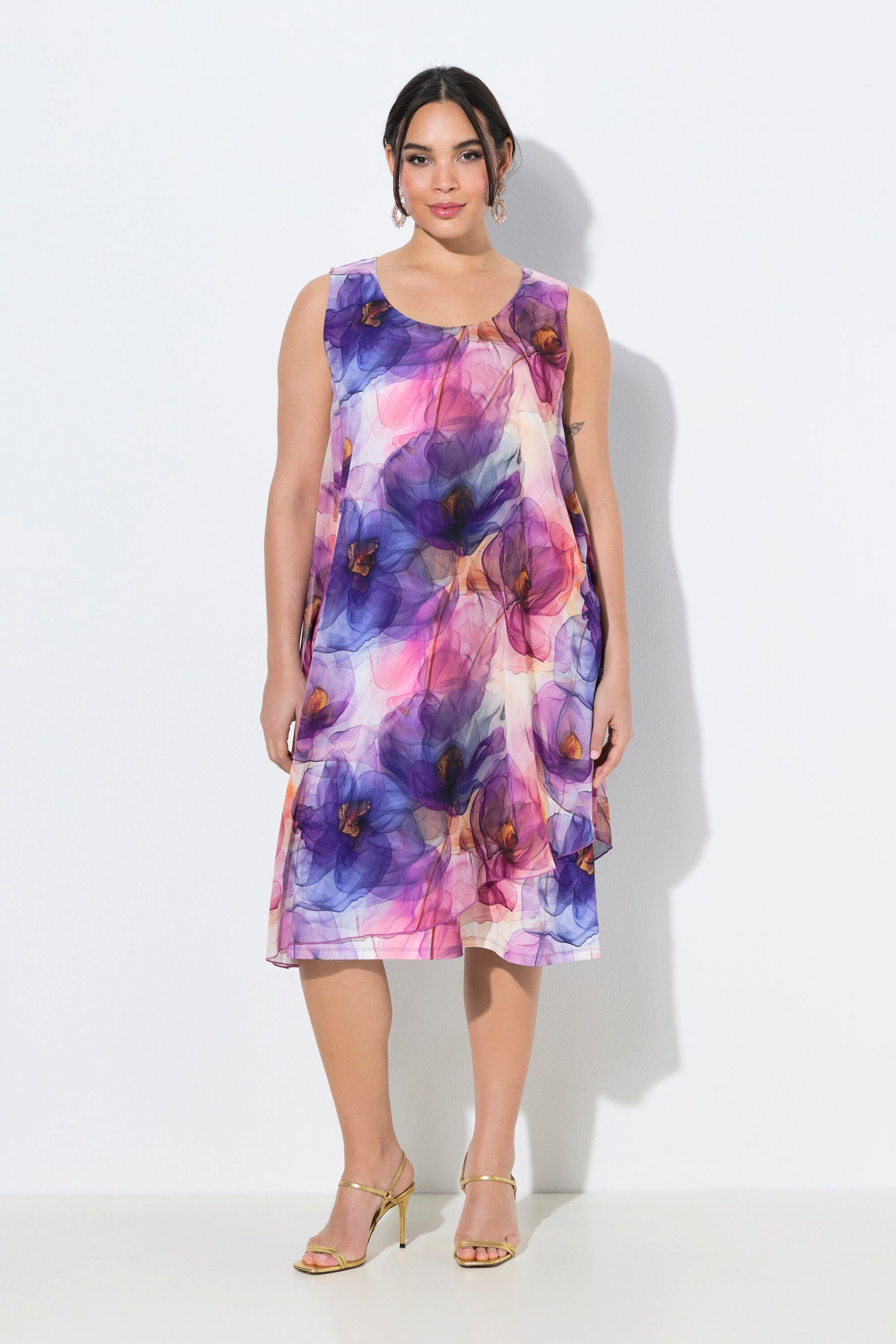 Ulla Popken Cocktailkleid Chiffonkleid Blüten A-Linie Rundhals ärmellos