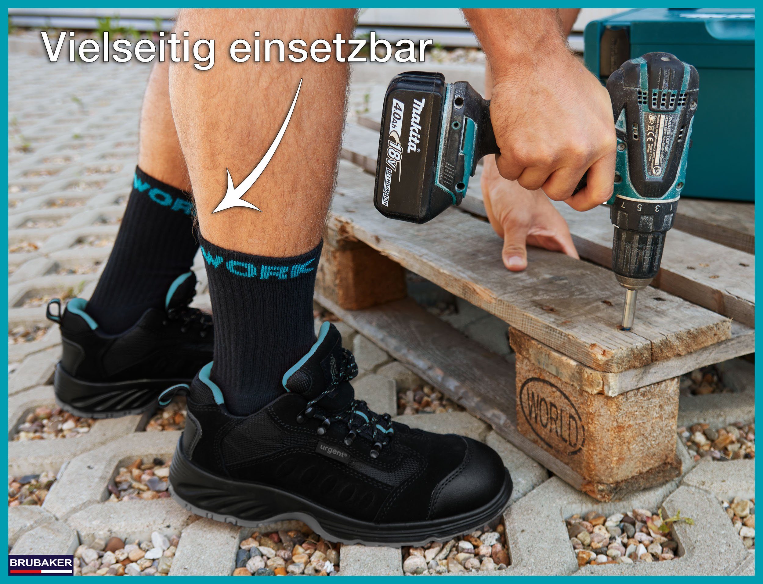 Fersen Arbeitssocken (Verstärkter der 10 Arbeit Robuste und Zehenbereich, aus Socks 20 Work Herren optimalen - auf 10-Paar, Socken Arbeitssocken Schwarz Paar BRUBAKER Baumwolle) Funktionssocken Halt oder Work für - für Türkis