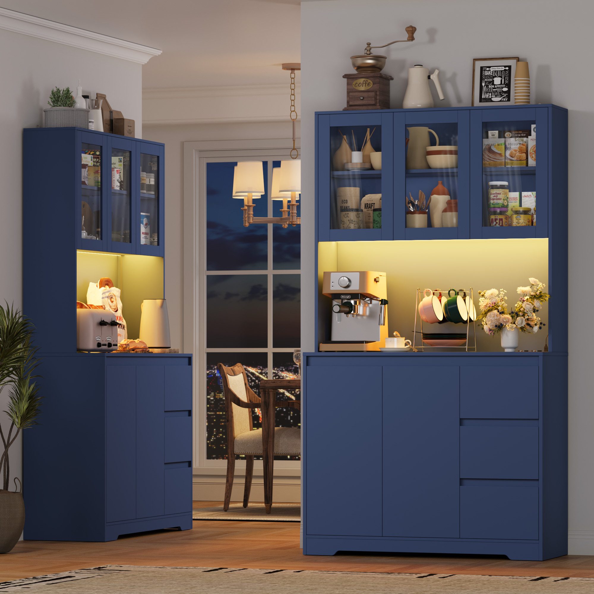 Homfa Küchenbuffet Küchenschrank Buffetschrank mit LED Sideboard blau mit Steckdosenleiste & Arbeitsplatte 180x100x38,5cm – Bild 4 von 5