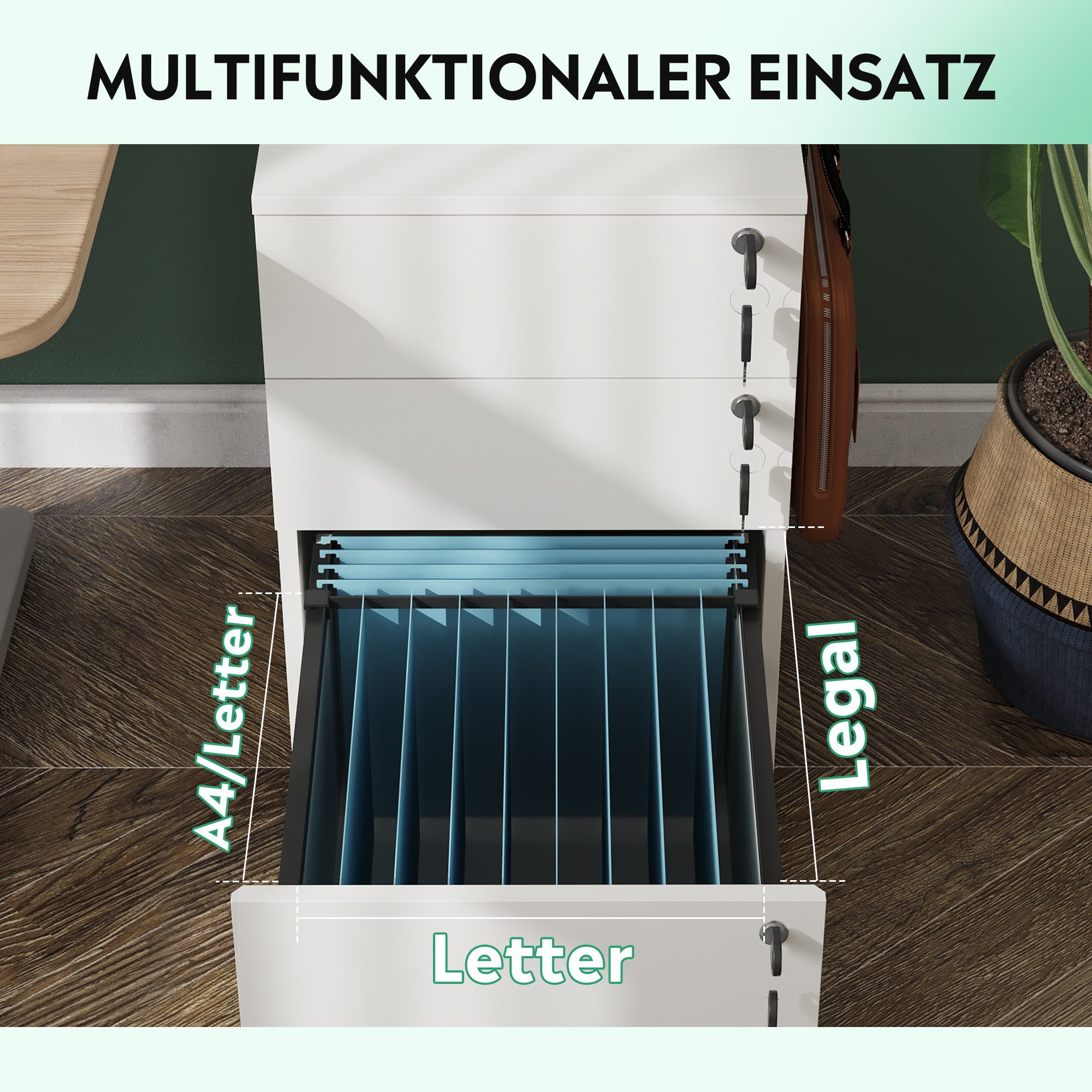 DEVAISE Rollcontainer Mobiler Aktenschrank mit 3 Schubladen, (Druckertisch für DIN A4/Legal/Letter), 3 Schlüssel, Schreibtisch Unterschrank für Büro und Home Office