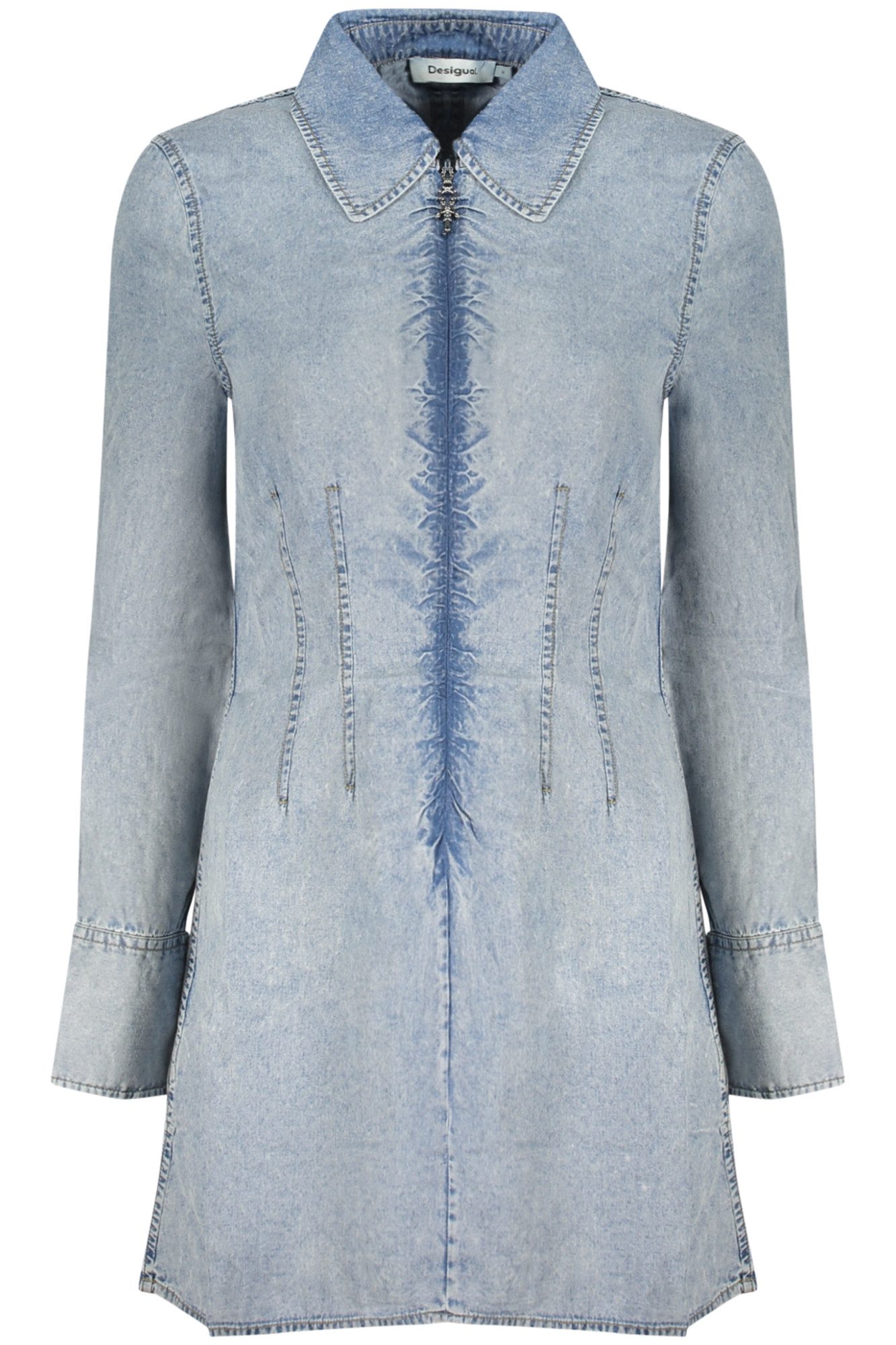 Desigual Partykleid Kurzes Damenkleid Blau aus Leinen mit langem Arm & Reißverschluss