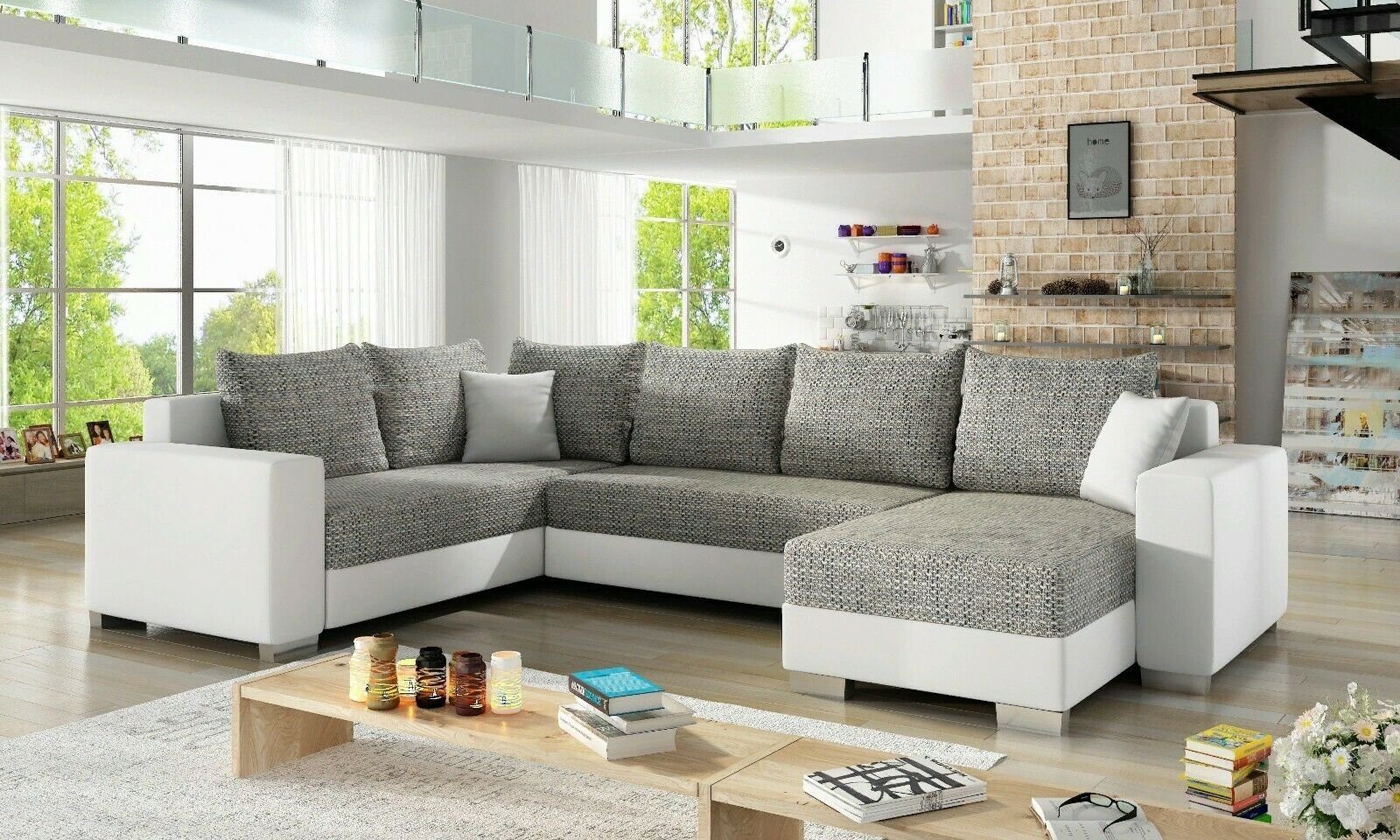 JVmoebel Ecksofa Design Ecksofa Sofa Schlafsofa Bettfunktion Couch Polster Textil, Mit Bettfunktion Hellgrau / Weiß