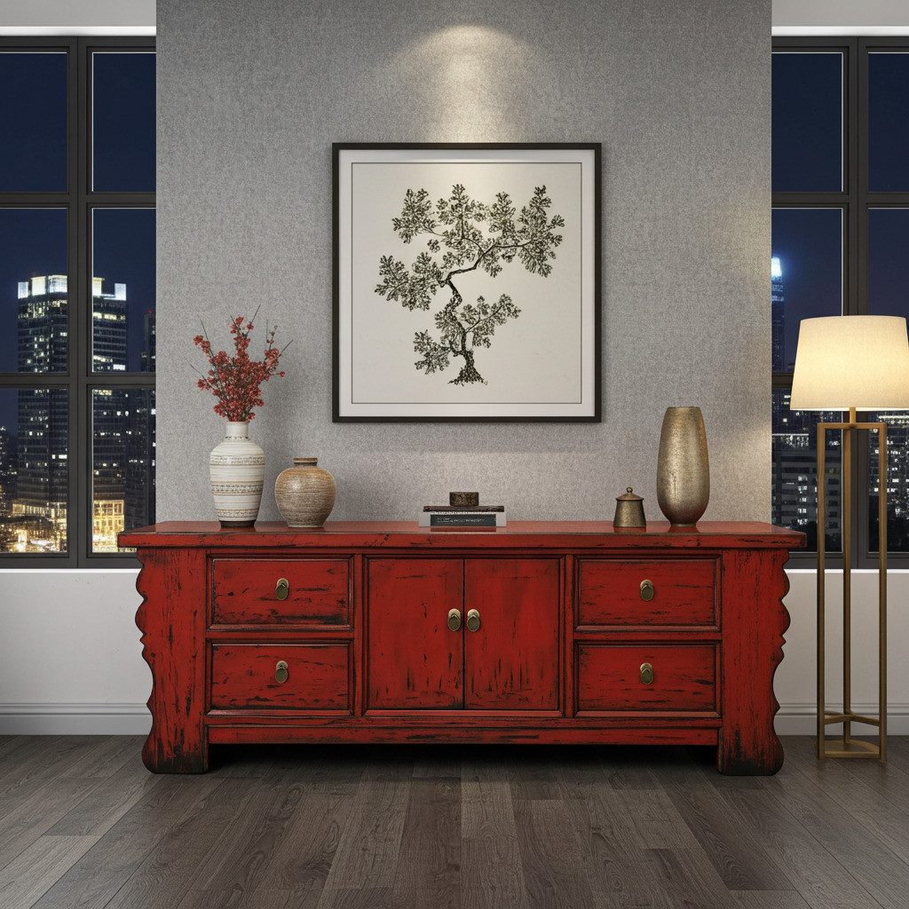 OPIUM OUTLET Kommode Asiatische Möbel Chinesischer Schrank Kommode Lowboard (Hochzeitsschrank asiatisch chinesisch orientalisch, komplett montiert, Asia TV Sideboard im Vintage-Stil aus Holz), Breite 177 cm Höhe 60 cm, rot