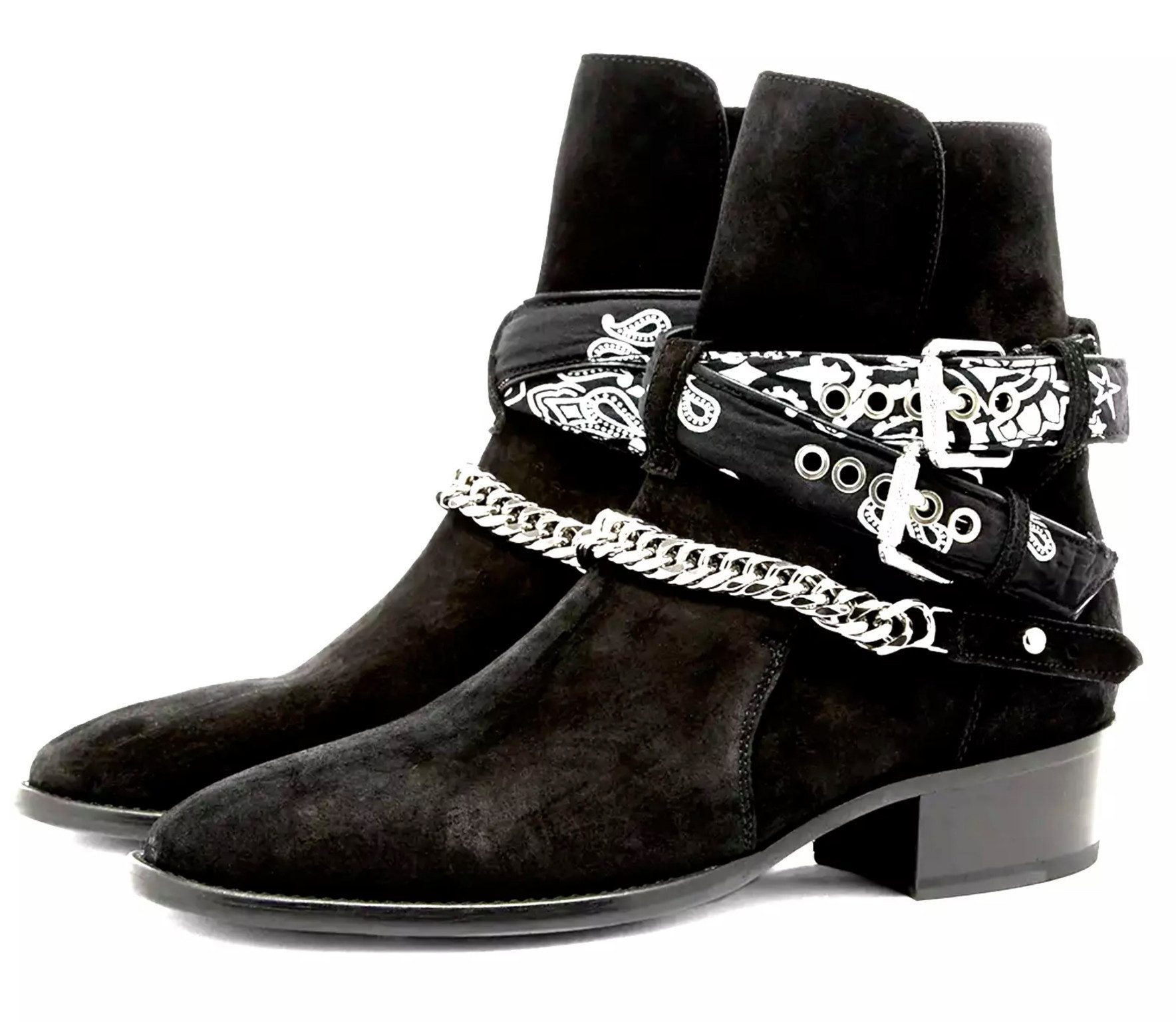 AMIRI Jodhpur Ketten Schuhe Bandana Suede Schuhe Bootsschuh Crossover-Bandana-Riemen, Silberfarbene Kette