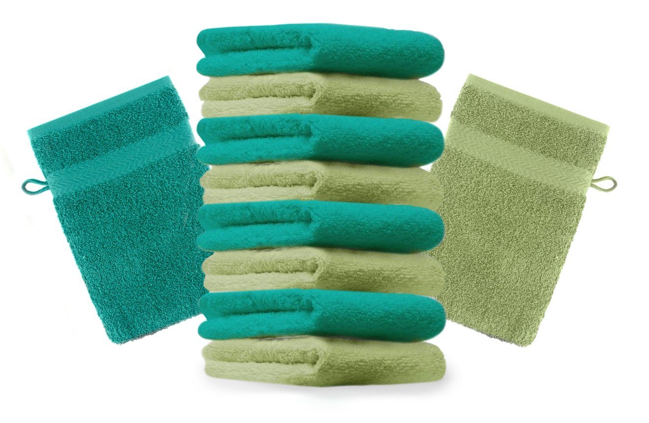 Betz Waschhandschuh 10 Stück Waschhandschuhe Premium 100% Baumwolle Waschlappen Set 16x21 cm Farbe apfelgrün und smaragdgrün (10-tlg)