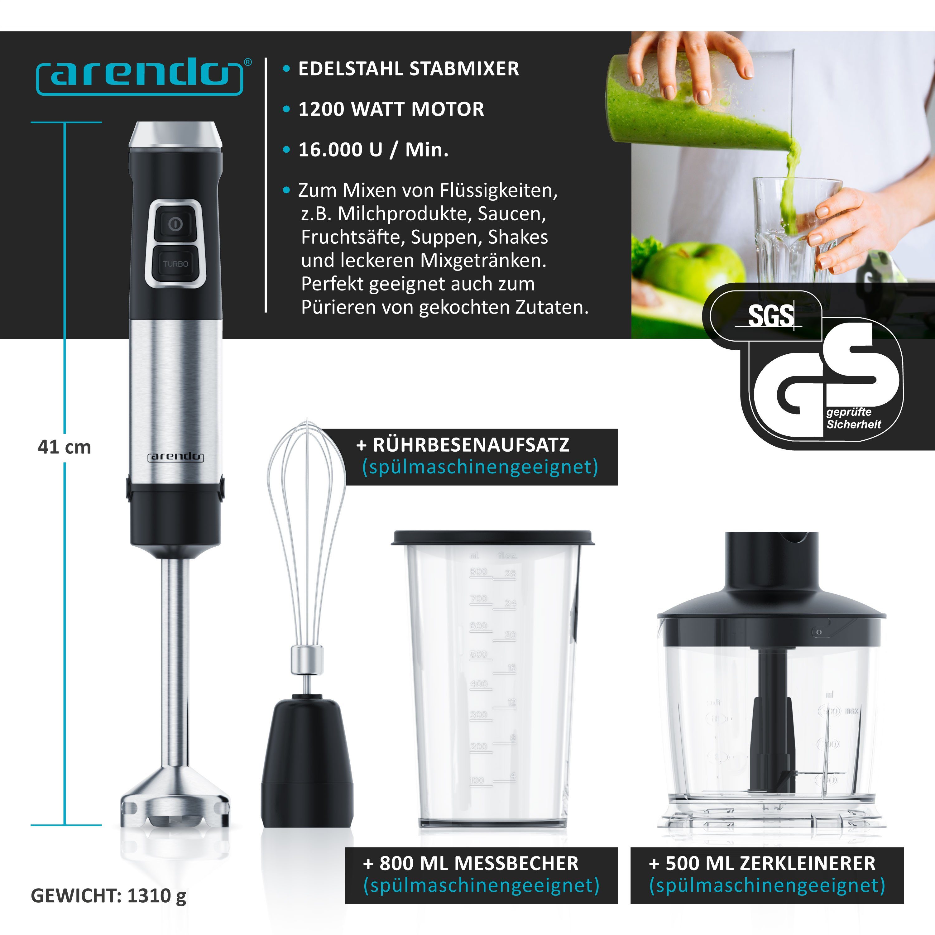 Arendo Stabmixer Edelstahl Pürierstab Set mit Zerkleinerer & Messbecher, Handmixer, 1200 W, 2 Geschwindigkeitsstufen, 4-Klingen, einfache Reinigung, DC Motor