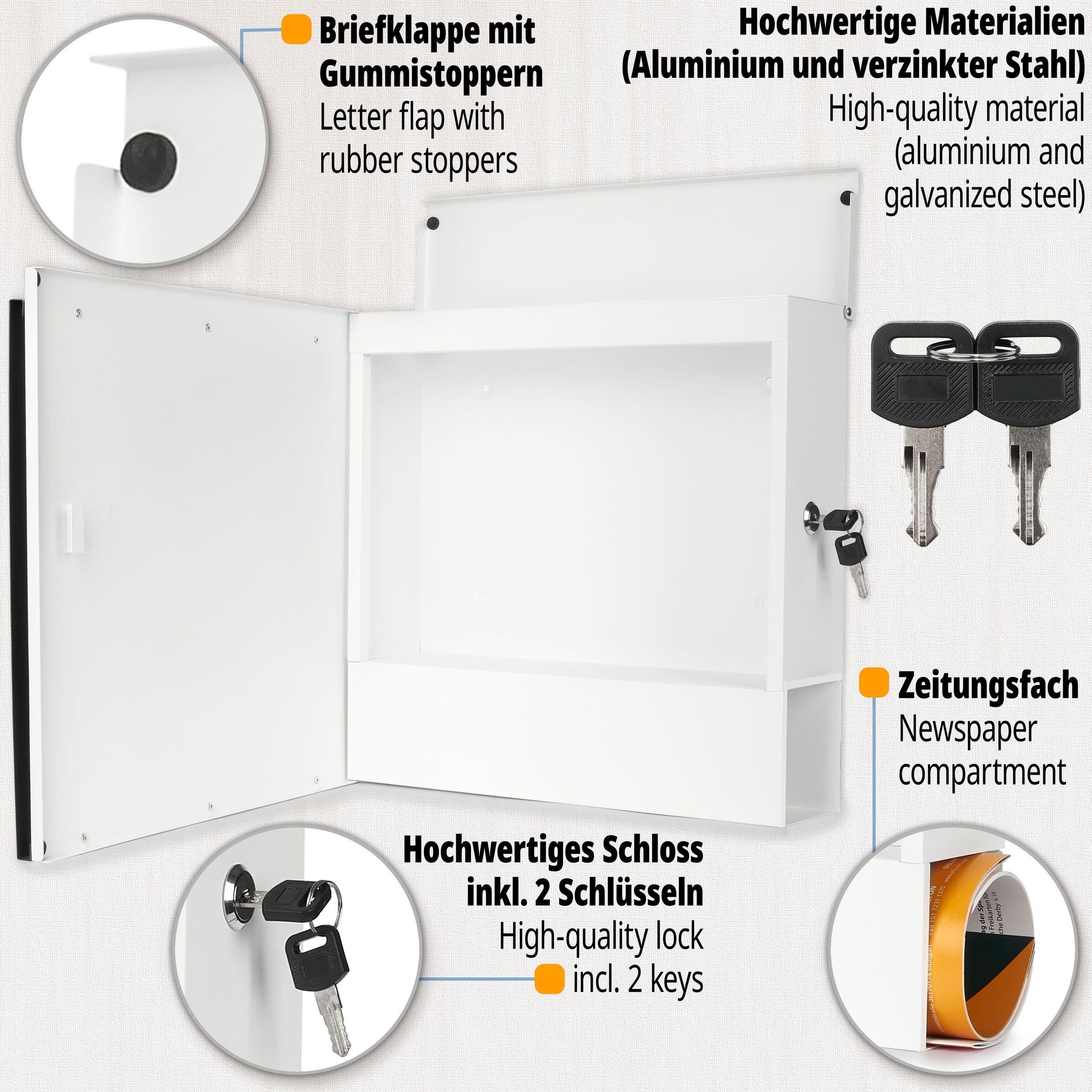 BRUBAKER Briefkasten mit Zeitungsfach - Moderner Postkasten im "Pfeil Design" (1-St., mit Zeitungsrolle und 2x Schlüsseln - Anthrazit und Weiß), Großer Wandbriefkasten aus Aluminium und verzinktem Stahl