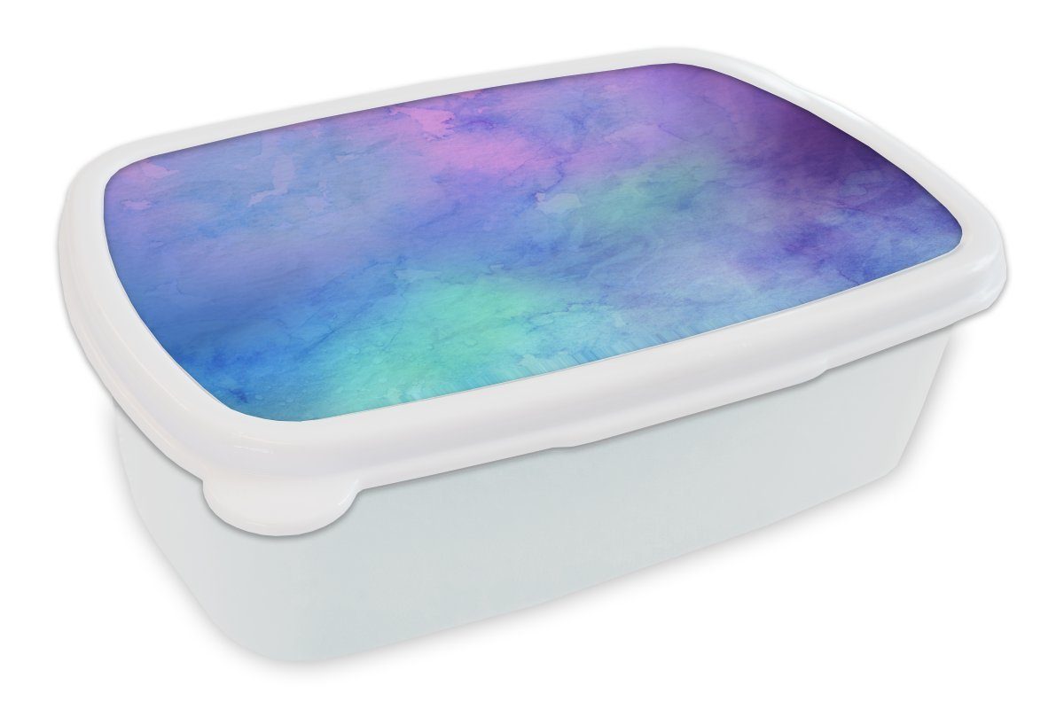 MuchoWow Lunchbox Aquarell - Blau - Lila - Grün, Kunststoff, (2-tlg), Brotbox für Kinder und Erwachsene, Brotdose, für Jungs und Mädchen weiß