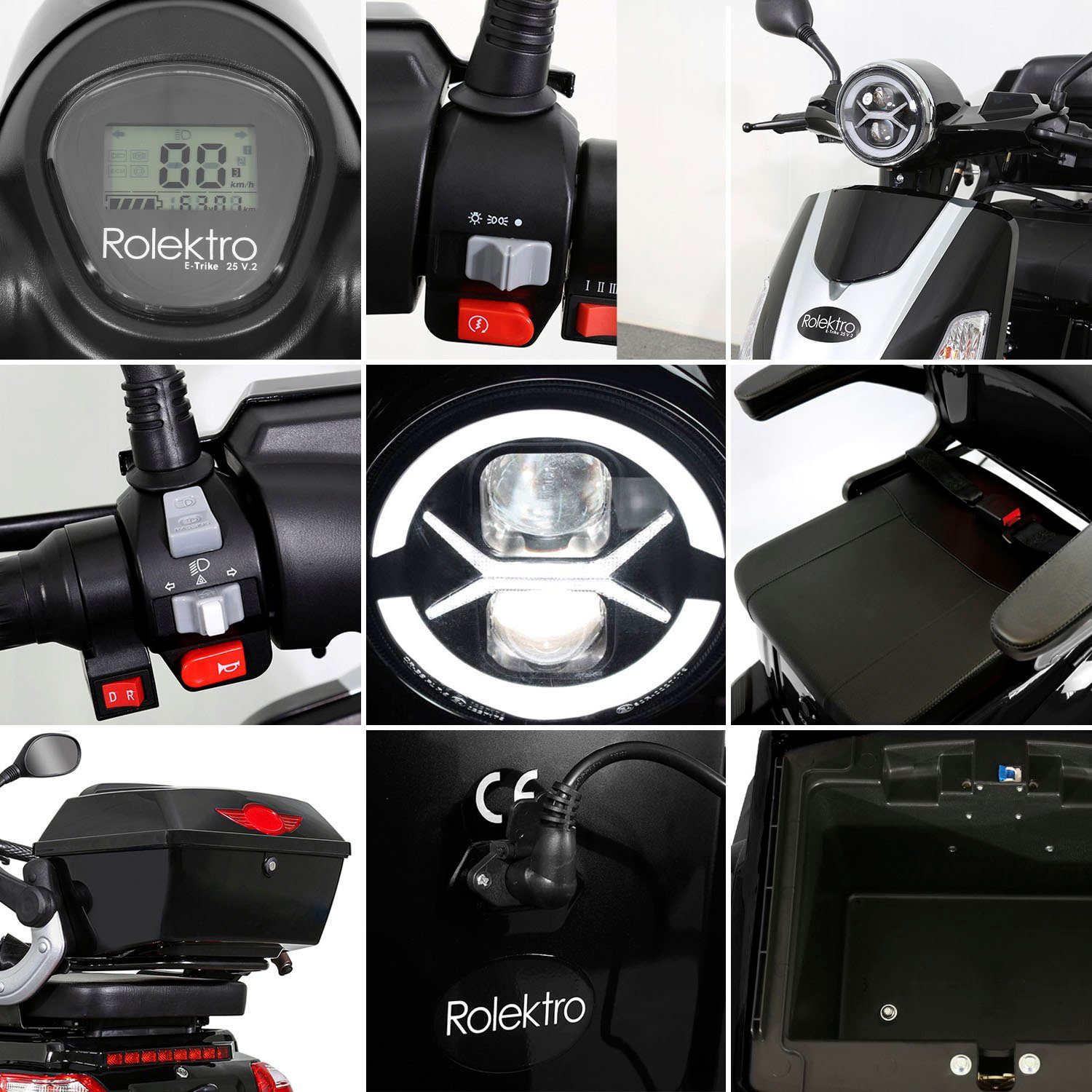 Rolektro Elektromobil E-Trike 25 schwarz W, 1000 Blei-Gel-Akku, Topcase) 25 (mit km/h, V.2