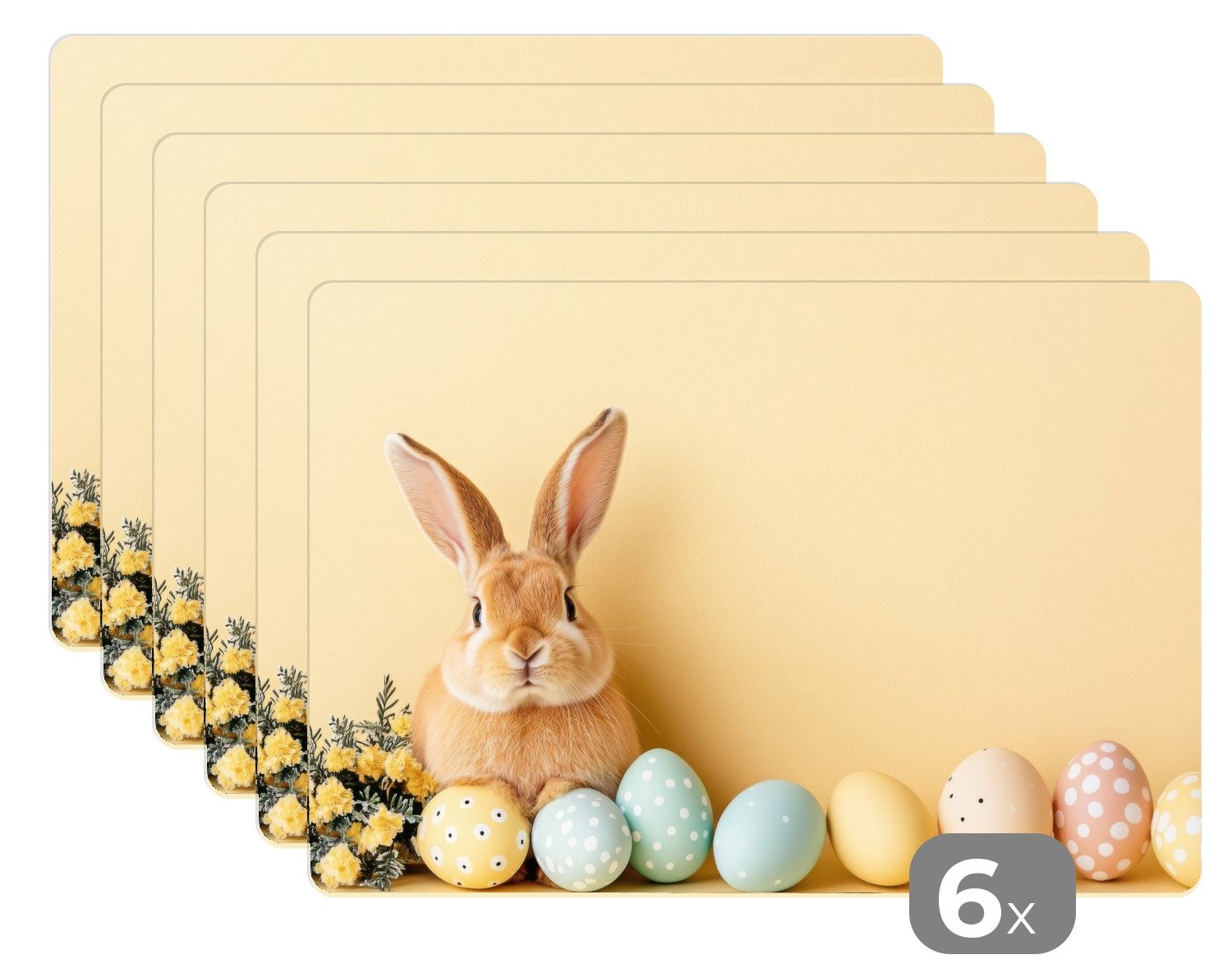 MuchoWow Platzset Eier - Kaninchen - Pastellfarbtöne - Ostern Deko, (6-St), Platzsets, Tischset, Abwaschbar, Tischsets, Platzdeckchen