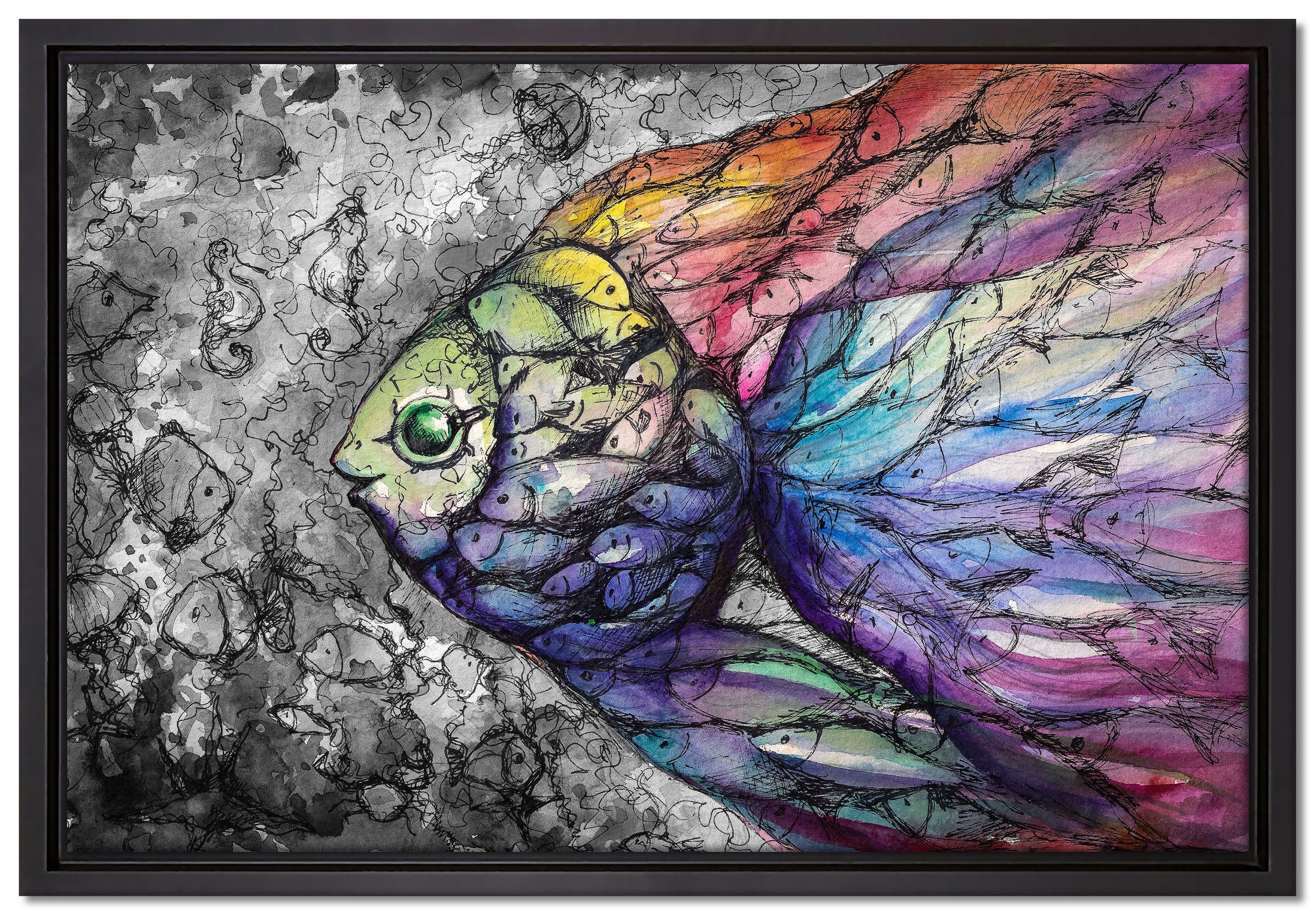 Pixxprint Leinwandbild schön gezeichnete Fische, Wanddekoration (1 St), Leinwandbild fertig bespannt, in einem Schattenfugen-Bilderrahmen gefasst, inkl. Zackenaufhänger