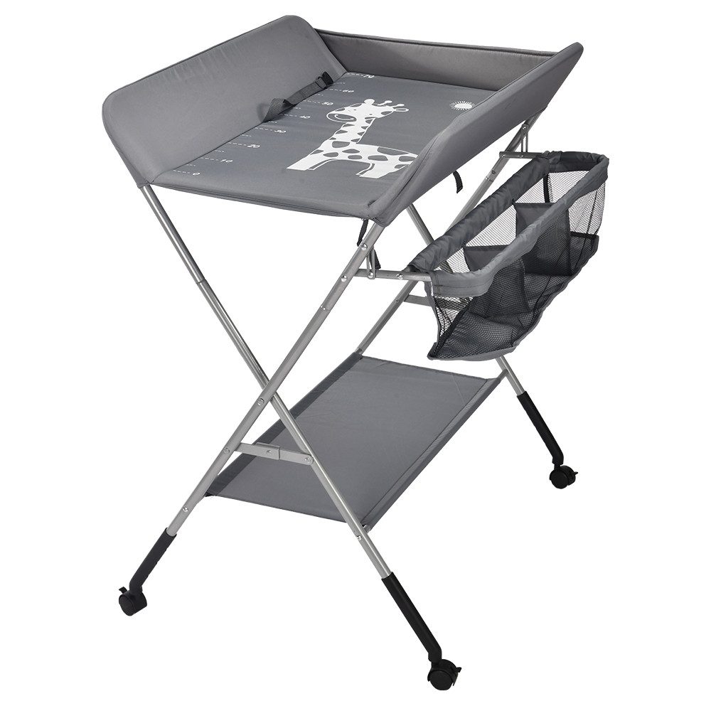 JEOBEST Wickeltisch Mobiler Wickelkommode Baby, Klappbare, Silber Metallbeine, mit Sicherheitsgurt und Ablagefächern