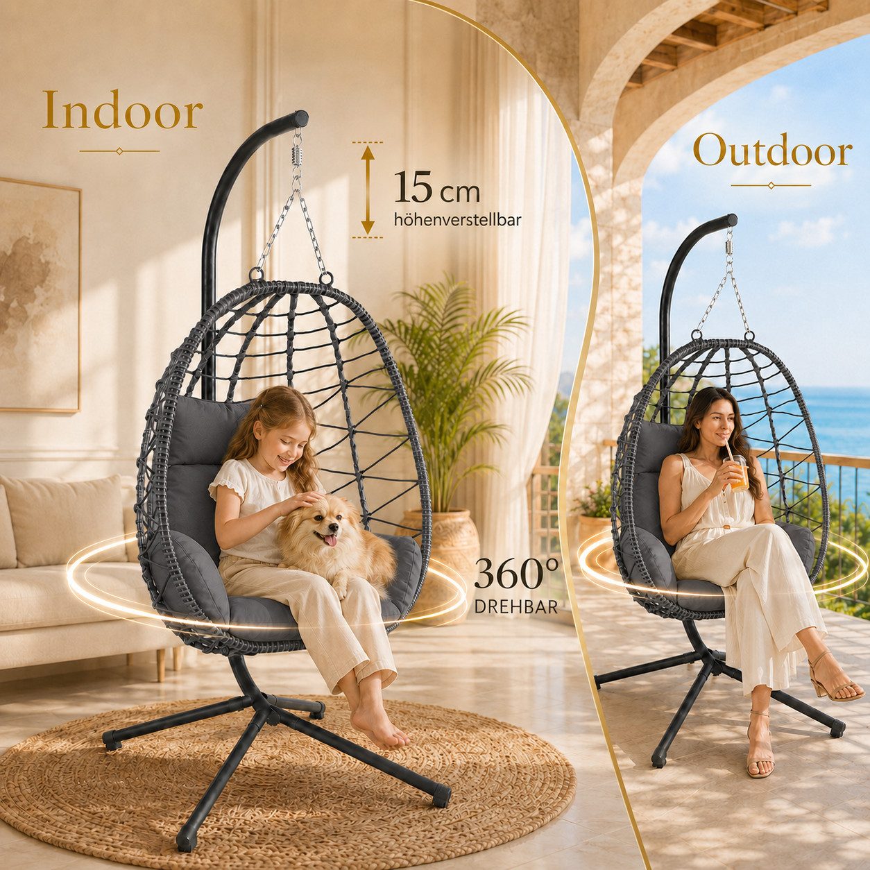Makika Loungesessel Hängesessel mit Gestell Polyrattan Höhenverstellbar - 150 kg - Grau – Bild 5 von 5
