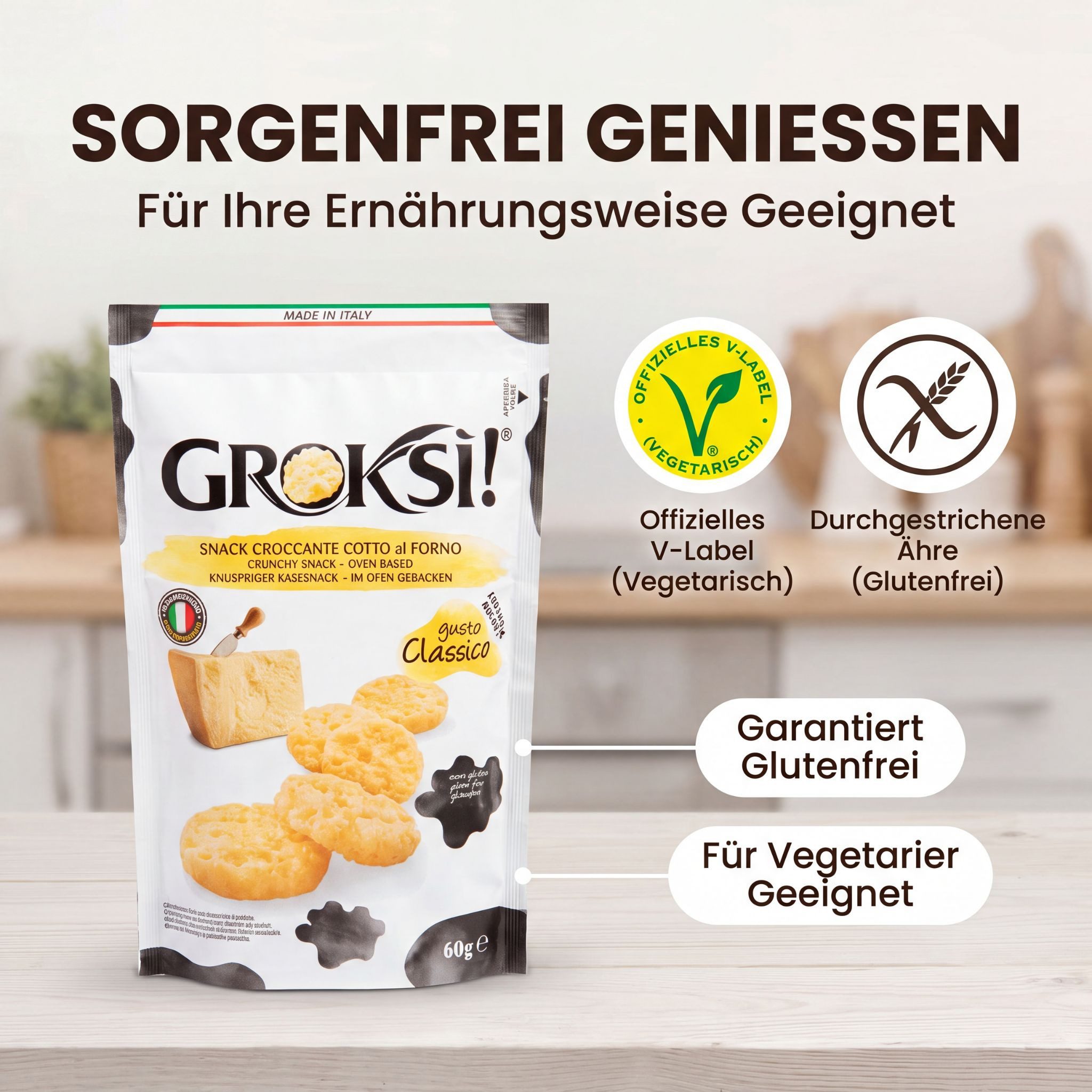 Groksi! Knabberei GROKSi! Käse-Snack Classico 12x 60g, 12 x 60 g, (Classico 12x 60g, Käse-Snack aus Italien, Käse-Cracker, Protein Snack)