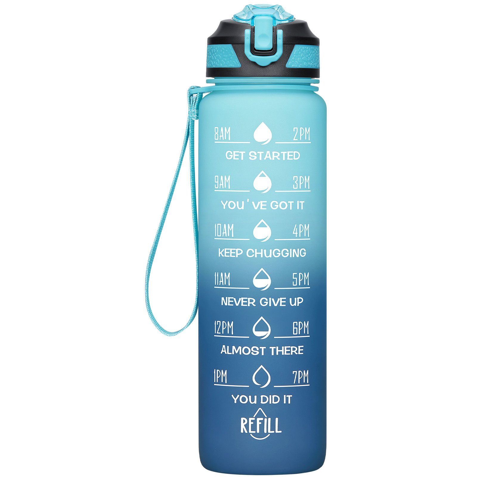 WISHDOR Trinkflasche Sport Wasserflasche Sportflasche Auslaufsicher 1 Liter BPA-Frei 1L, Zeitmarkierung und Strohhalm Fitness Outdoor Camping Fahrrad Wandern Hellblau/Dunkelblau