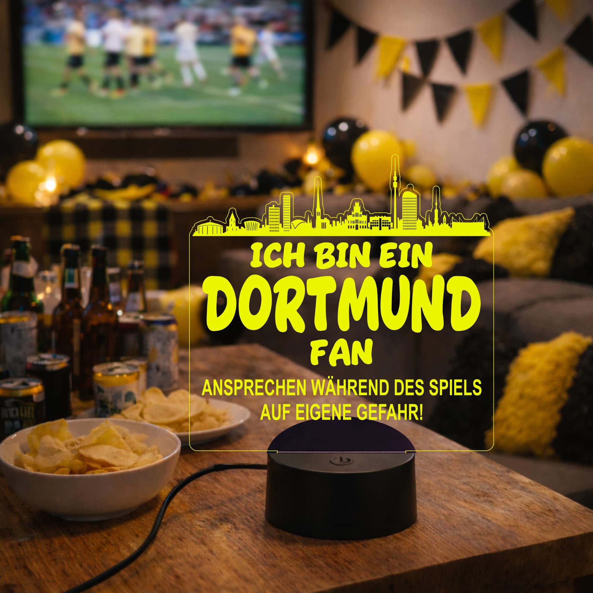 Lieblingsmensch LED Nachtlicht Fußball - Ich bin ein Dortmund Fan - Ansprechen auf eigene Gefahr, LED fest integriert, Farbwechsel oder feste Farbe mit Fernbedienung & Touch, Man Cave Stimmungslicht – 19x23cm