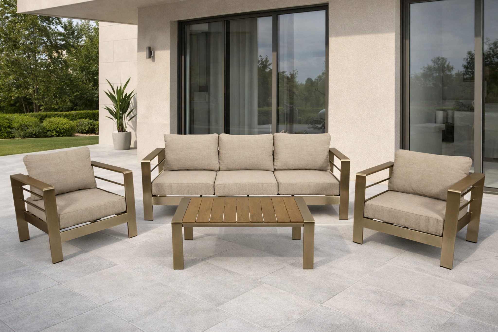 DEGAMO Loungeset CANNES, Armlehnen braun, (2x Sessel, 1x Sofa 207cm, 1x Tisch 106x60cm), Aluminium gebürstet, Kunstholz braun, wetterfest