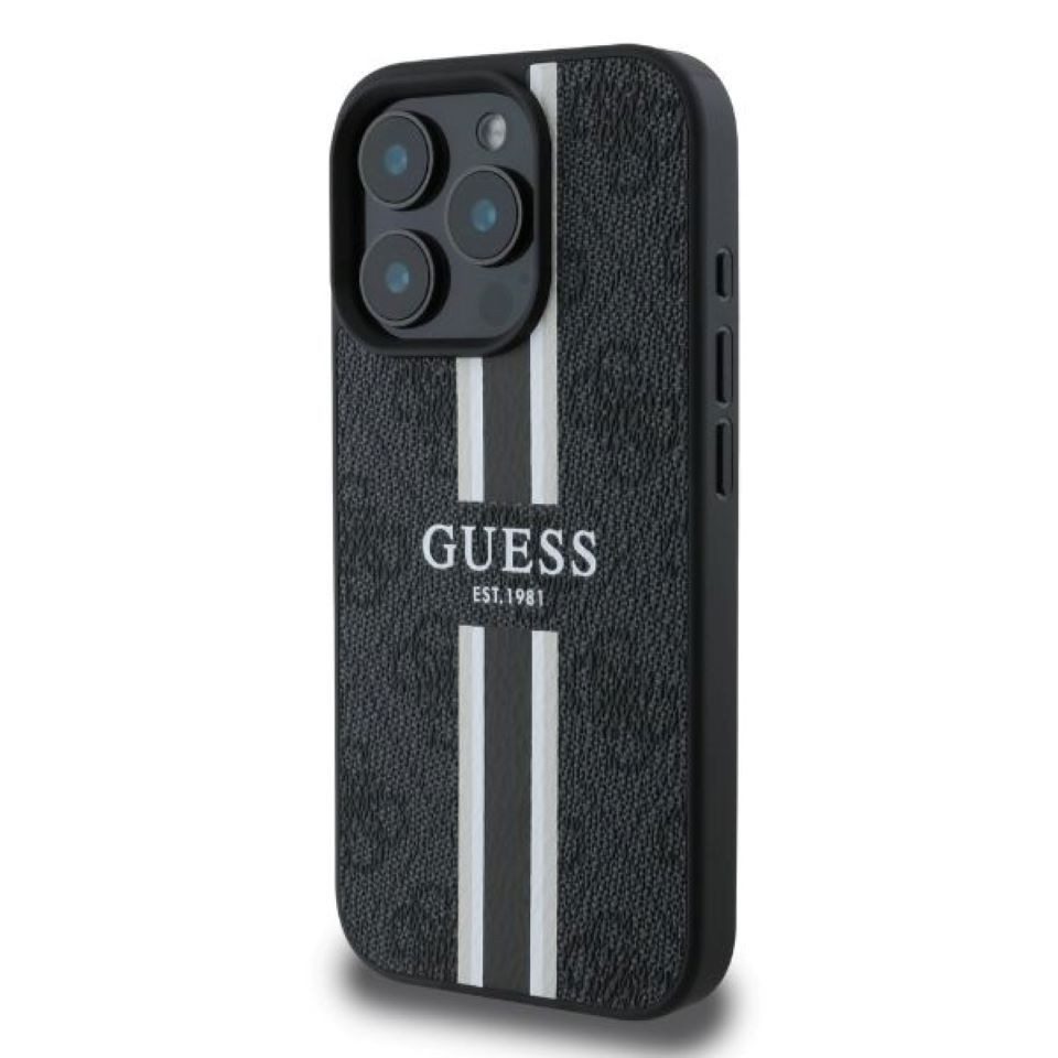 Guess Handyhülle iPhone 16 Pro Max Kunstleder grau Streifen Logo MagSafe 6,9 Zoll, Kantenschutz