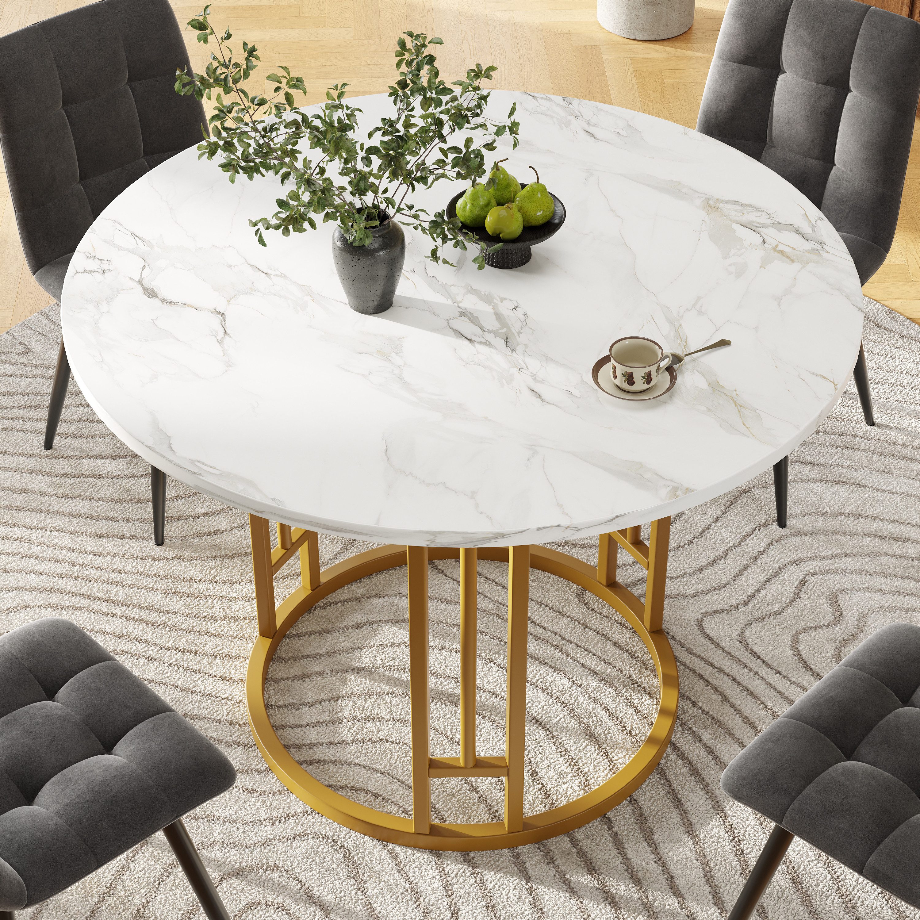 REDOM Essgruppe Moderner 5-teiliges Esstisch-Set, (mit 80 cm rundem MDF-Marmor-Tisch & samtigen Stühlen – verstellbare goldene Metallbeine., 5-tlg)