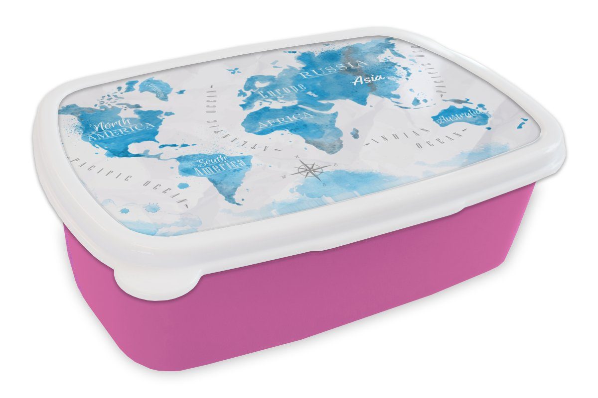 MuchoWow Lunchbox Weltkarten - Ölfarben, Kunststoff, (2-tlg), Brotbox für Erwachsene, Brotdose Kinder, Snackbox, Mädchen, Kunststoff rosa