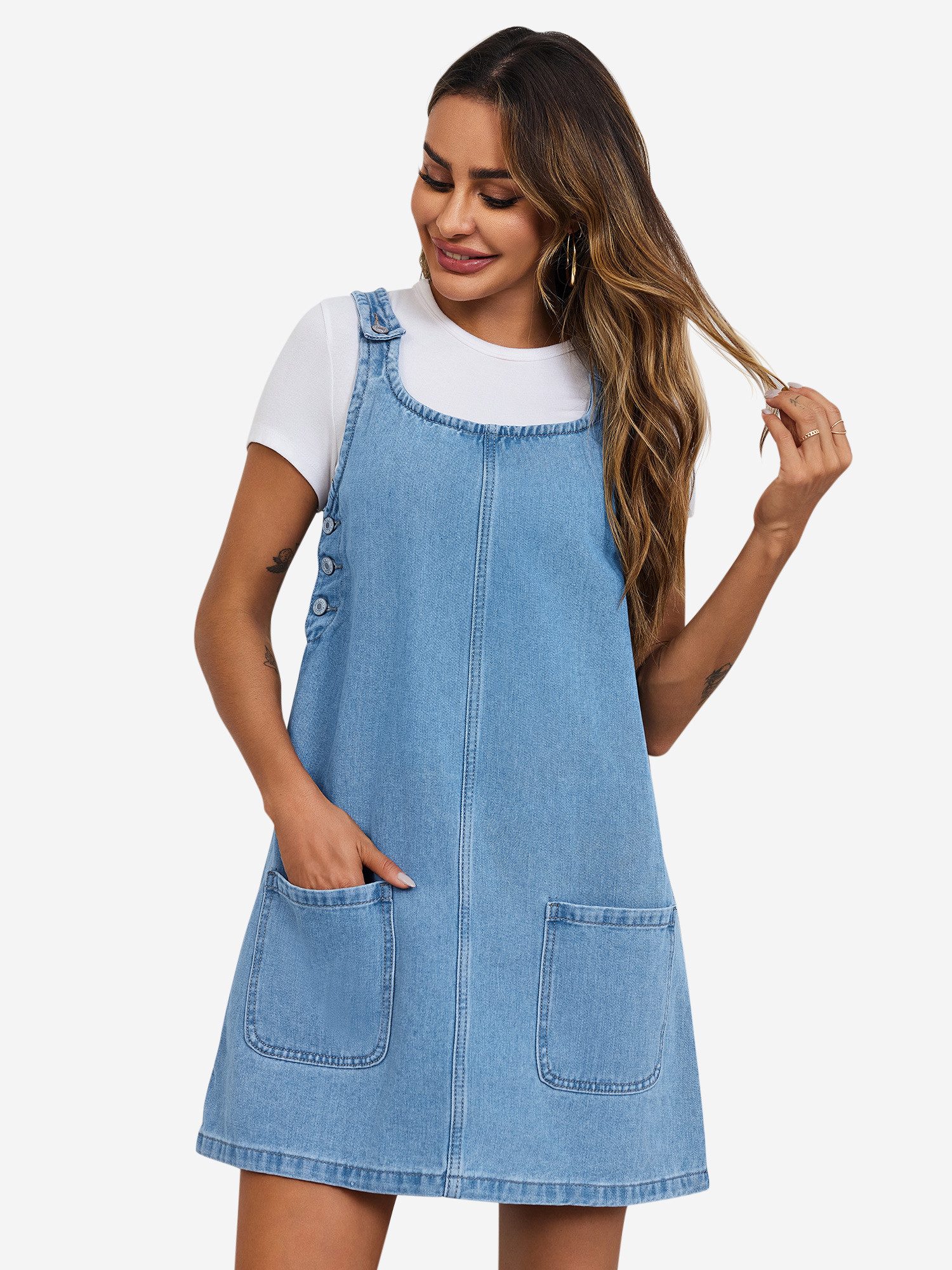 Imily Bela Jeanskleid Ärmellose Kleid mit Rundhals (Packung, 1-tlg., 1per-Pack) mit Eingrifftaschen