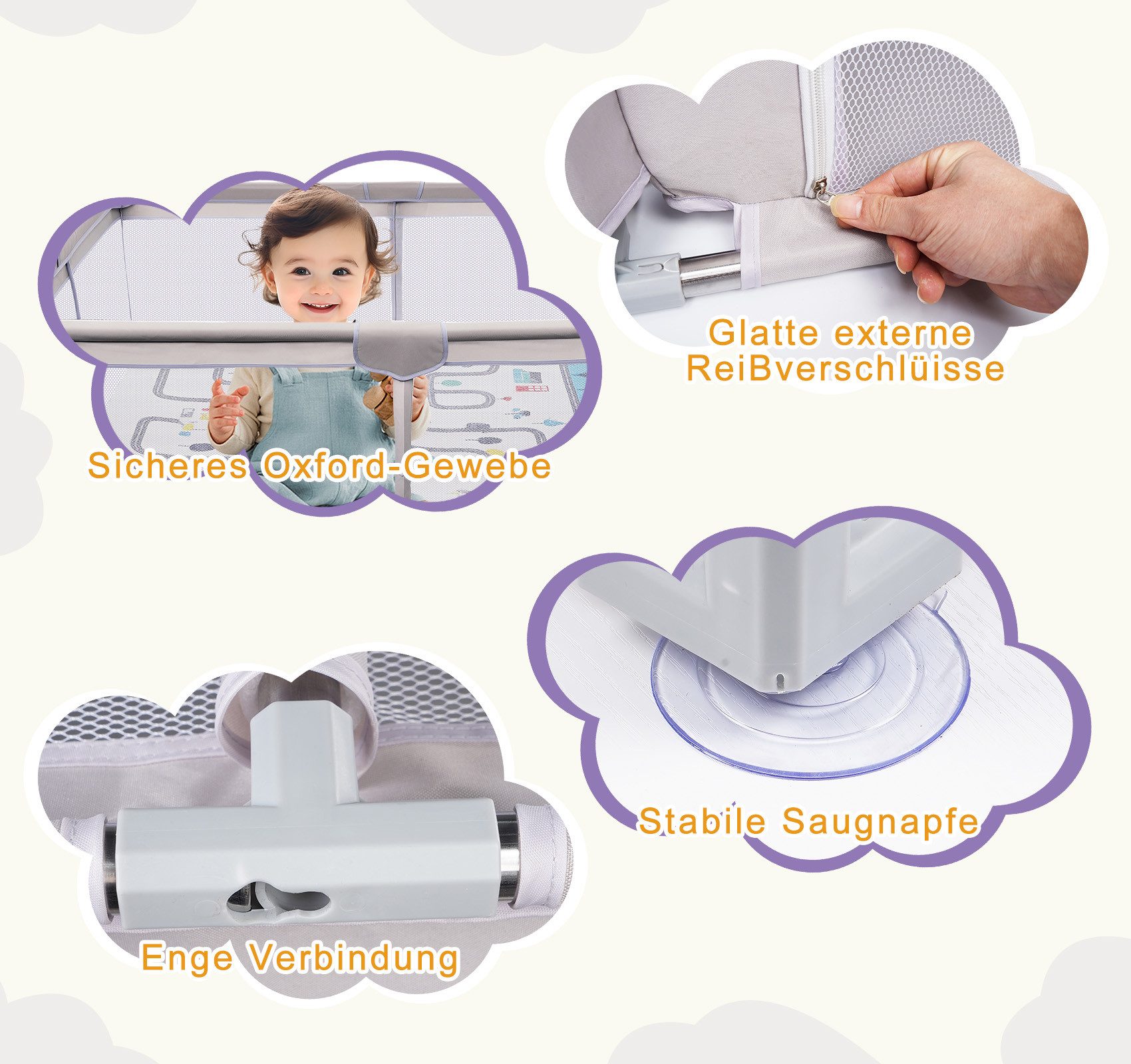 ElitVita Laufgitter Laufstall Baby mit Matte & bunten Kugeln – sicherer Spielbereich, 600D Oxford Stoff, Saugnäpfe & Stahlrahmen–Laufgitter für Kinder