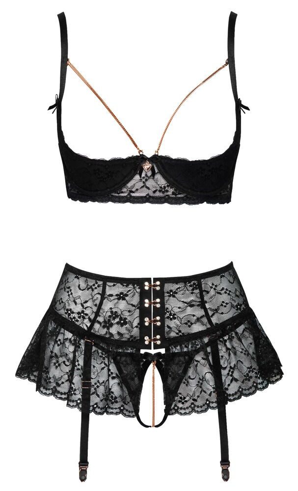 Abierta Fina Set: Bügelloser BH Ouvert-Straps-Set: Offener BH, String mit Kette und Strapsrock (3-tlg) String einladend offen im Schritt