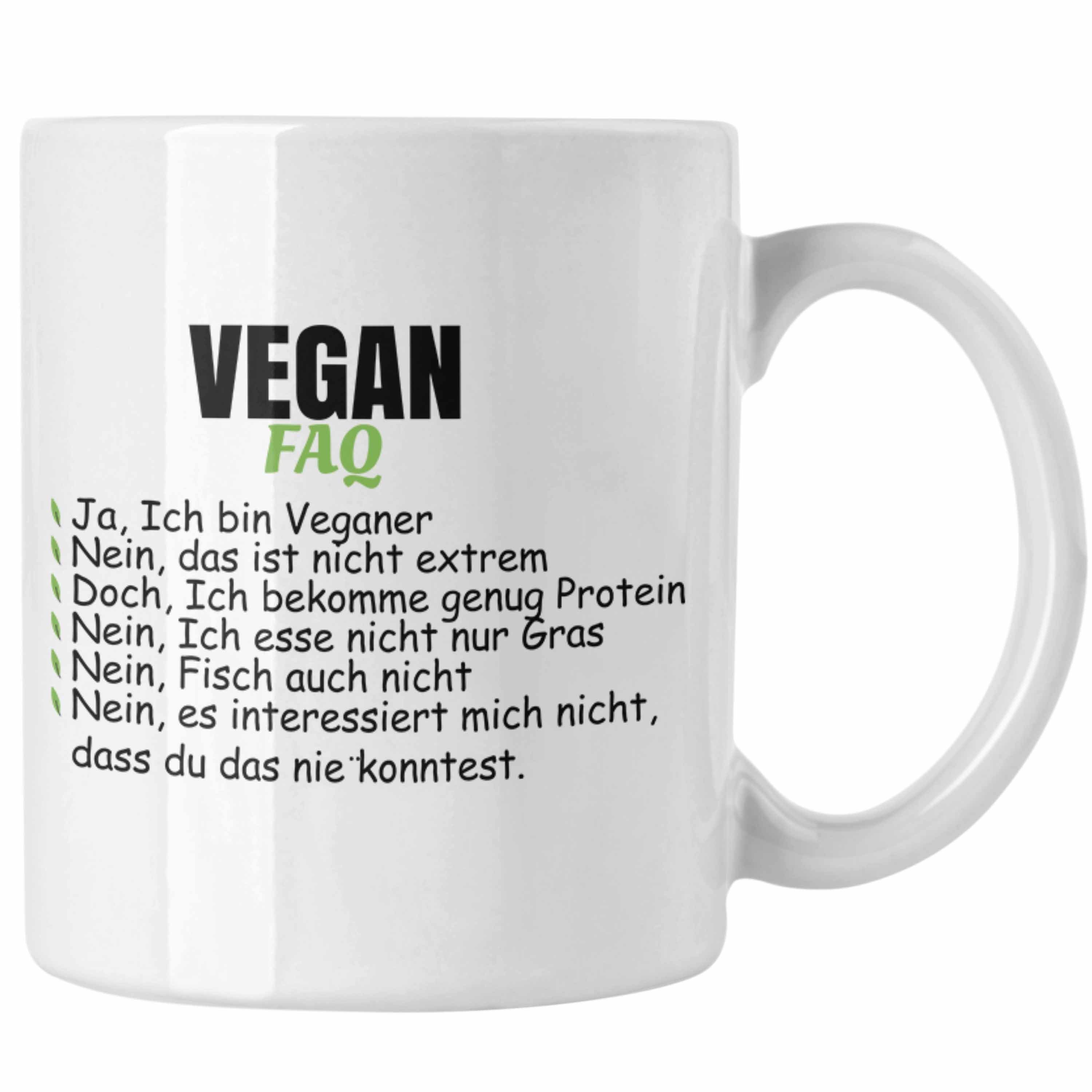 Trendation Tasse Trendation - Veganer Tasse Geschenk FAQ Vegan Geschenkidee Lustiger Spruch Vegane Lebensweise Spruch Weiss