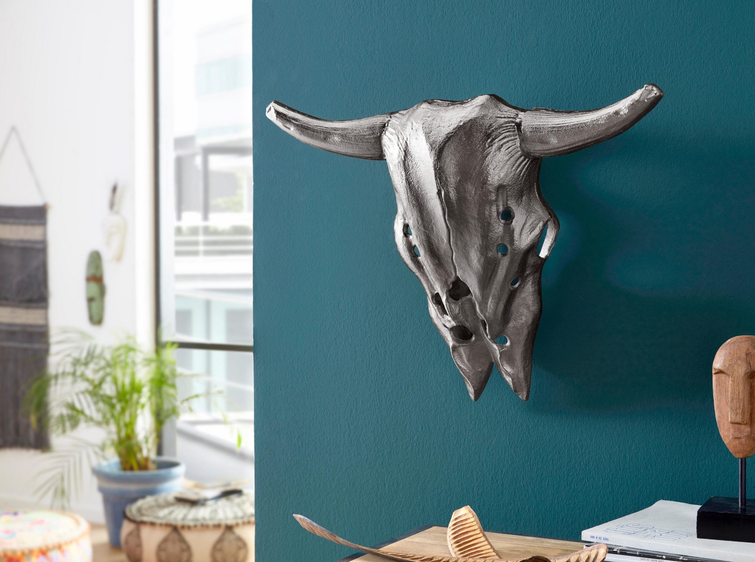 ARTRA Dekogeweih Deko Schädel Skull XL 57 cm Stierkopf Matall silber Hörner Geweih (1 St)