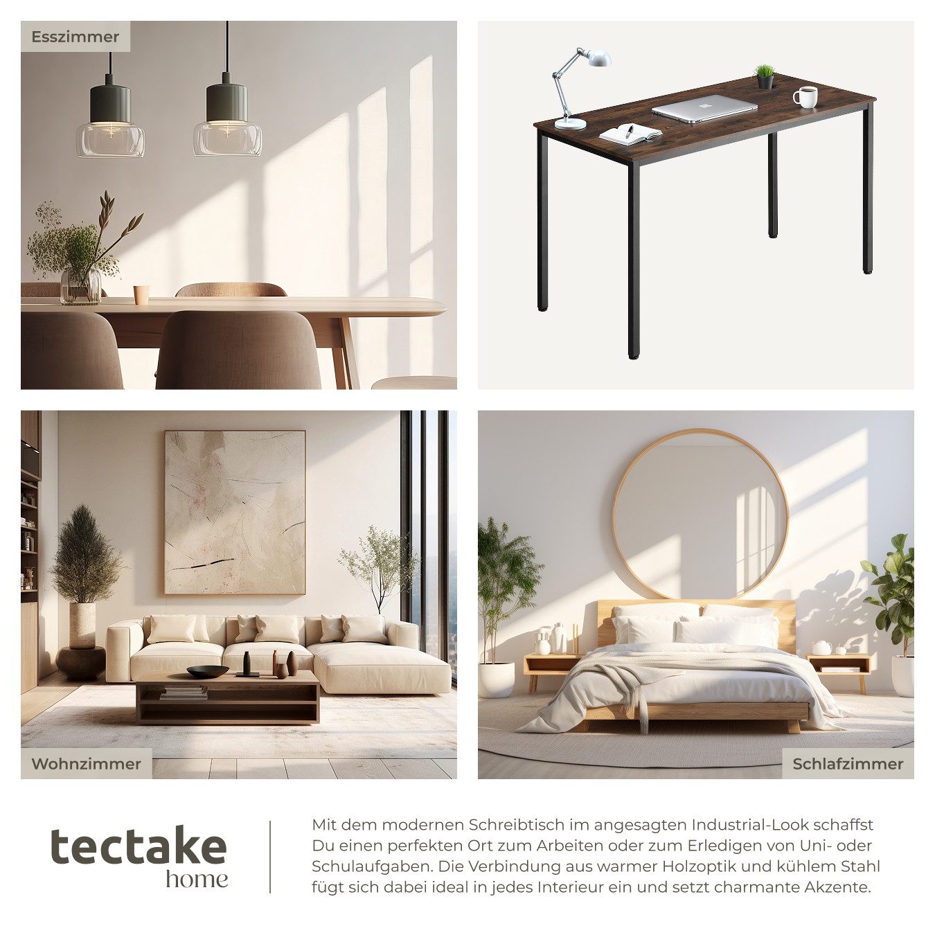 tectake Schreibtisch Computertisch aus Holz und Stahl, 120 x 60 x 75,5 cm (Arbeitstisch Vanport, 1-St., in Industrial Holz dunkel, rustikal), große Beinfreiheit – Bild 5 von 5