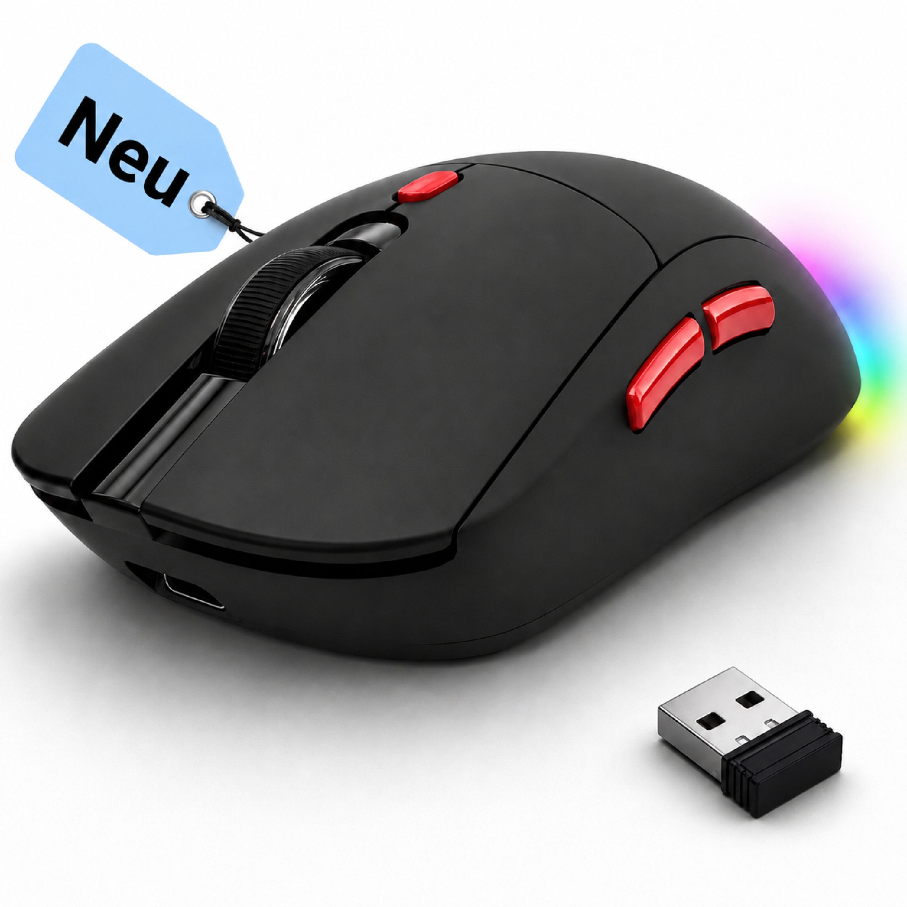 RUHE Gaming Maus RGB Kabellos Wireless Büro Laut Beleuchtung Plug & Play Maus (Funk, 2.5G, USB-Dongel, Kabelgebundene Aufladung, Drahtlos, Optische Maus, Ergonomisch, 4800 dpi, Einstellbar DPI Schwarz Weiß 6 Tasten 10M für Laptop/PC/Mac/Computer)