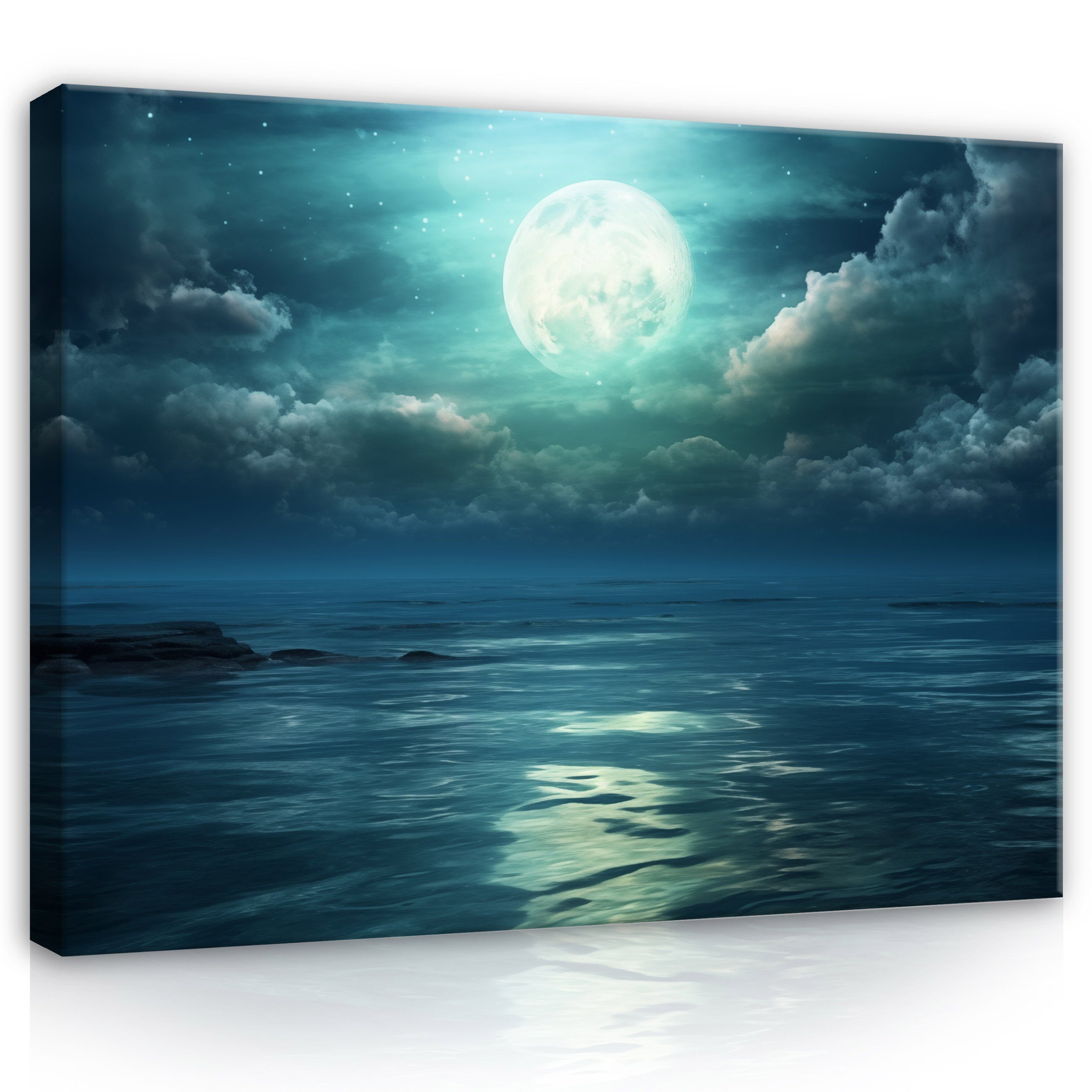 Wallarena Leinwandbild See Mond Himmel Modern Wandbild Groß Kunstdruck Aufhängefertig, Natur (Einteilig, 1 St), Wandbilder Leinwandbilder Leinwand Bilder Wohnzimmer Schlafzimmer Bild