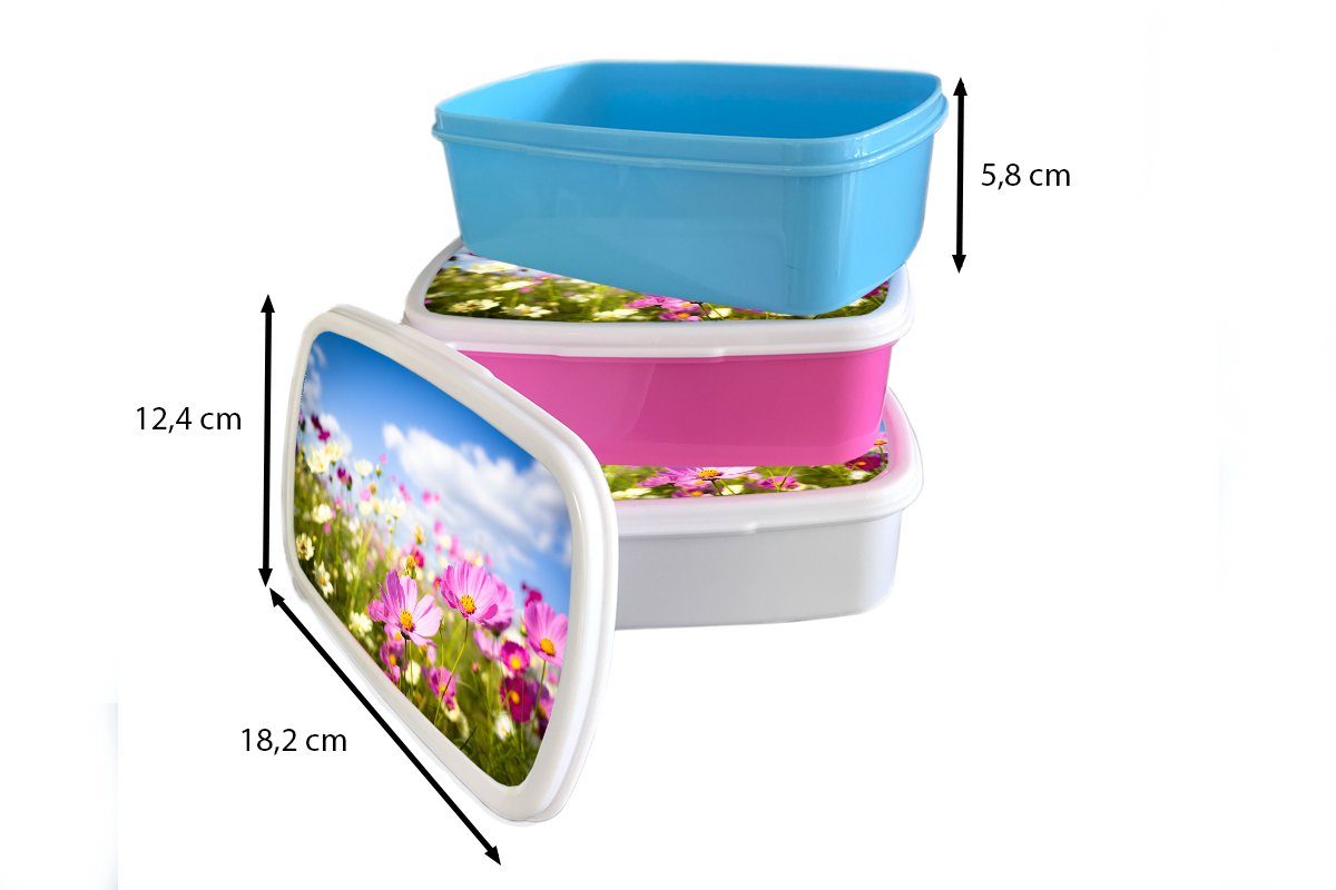 (2-tlg), Blau, Brotbox Lunchbox Wolken Mädchen - - - Blumen Gras Weiß Brotdose, Jungs für - Kunststoff, für Wiese und Erwachsene, - MuchoWow und - Kinder Lila