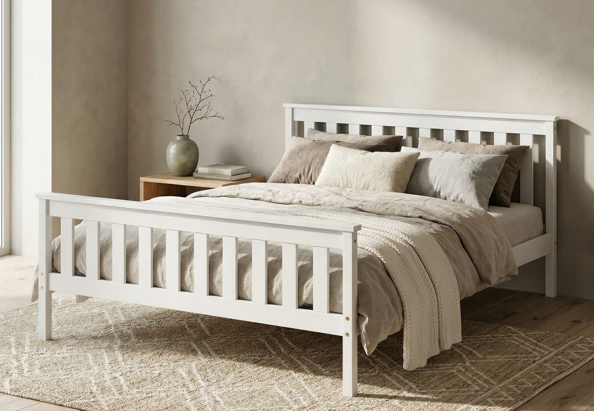 Home Collective Holzbett Einzelbett Doppelbett Bettgestell mit Lattenrost & Kopfteil Kiefer (Größe: 90×200, 120×200, 140×200, 160×200), Massivholzbett mit Lattenrost & Kopfteil Weiß