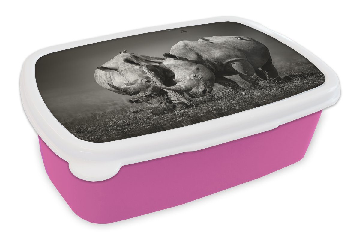 MuchoWow Lunchbox Nashorn - Vogel - Tiere - Landschaft - Schwarz und weiß, Kunststoff, (2-tlg), Brotbox für Erwachsene, Brotdose Kinder, Snackbox, Mädchen, Kunststoff rosa