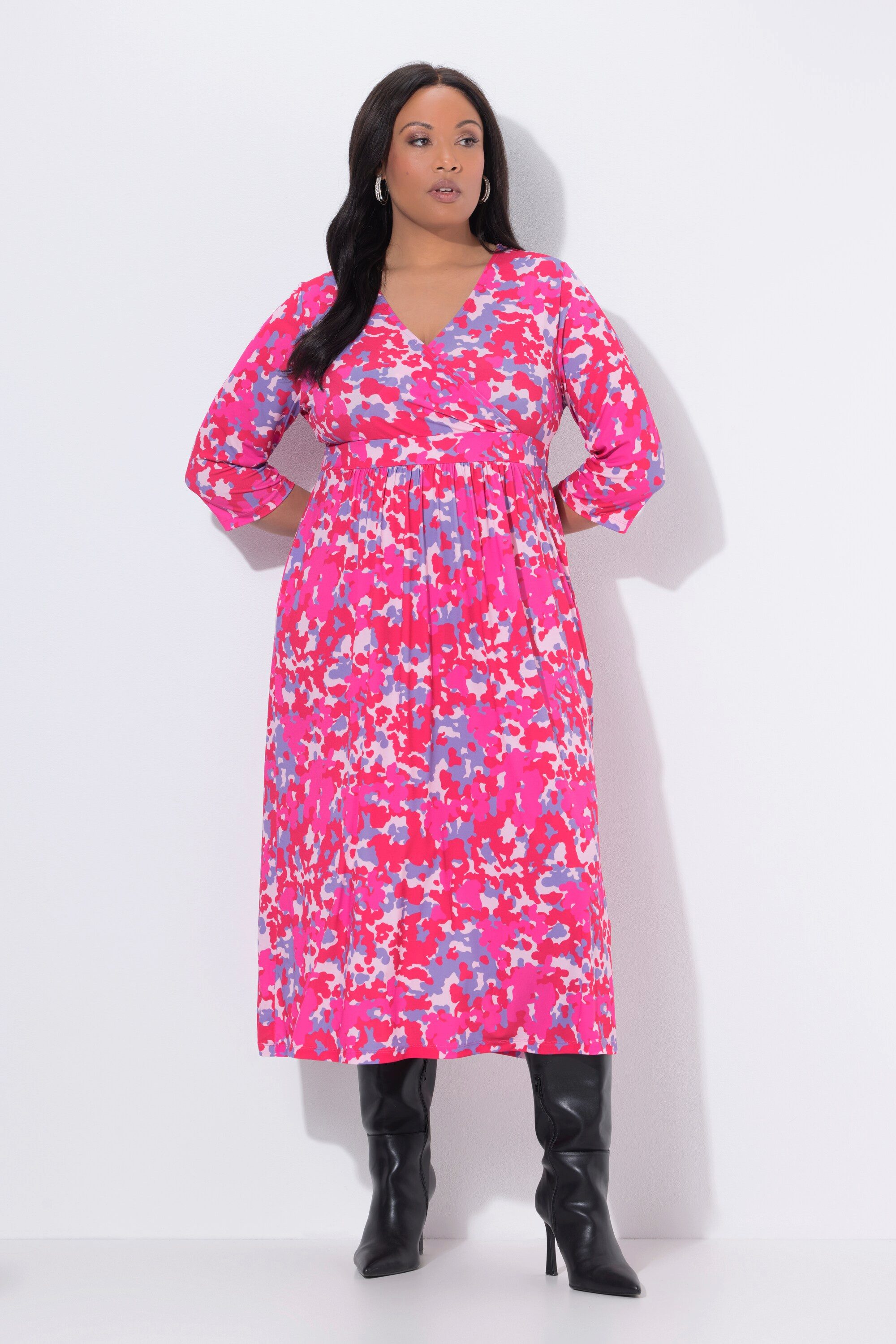 Ulla Popken Maxikleid Maxikleid Wickeloptik A-Linie V-Ausschnitt 3/4-Arm günstig online kaufen