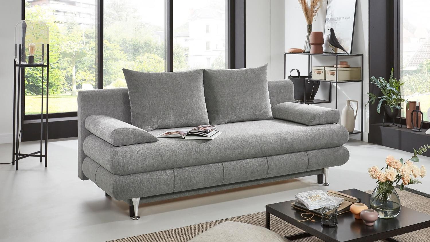 Sun Garden Schlafsofa Schlafsofa Benfeld Stoff grau Sitz Federkern und Stauraum