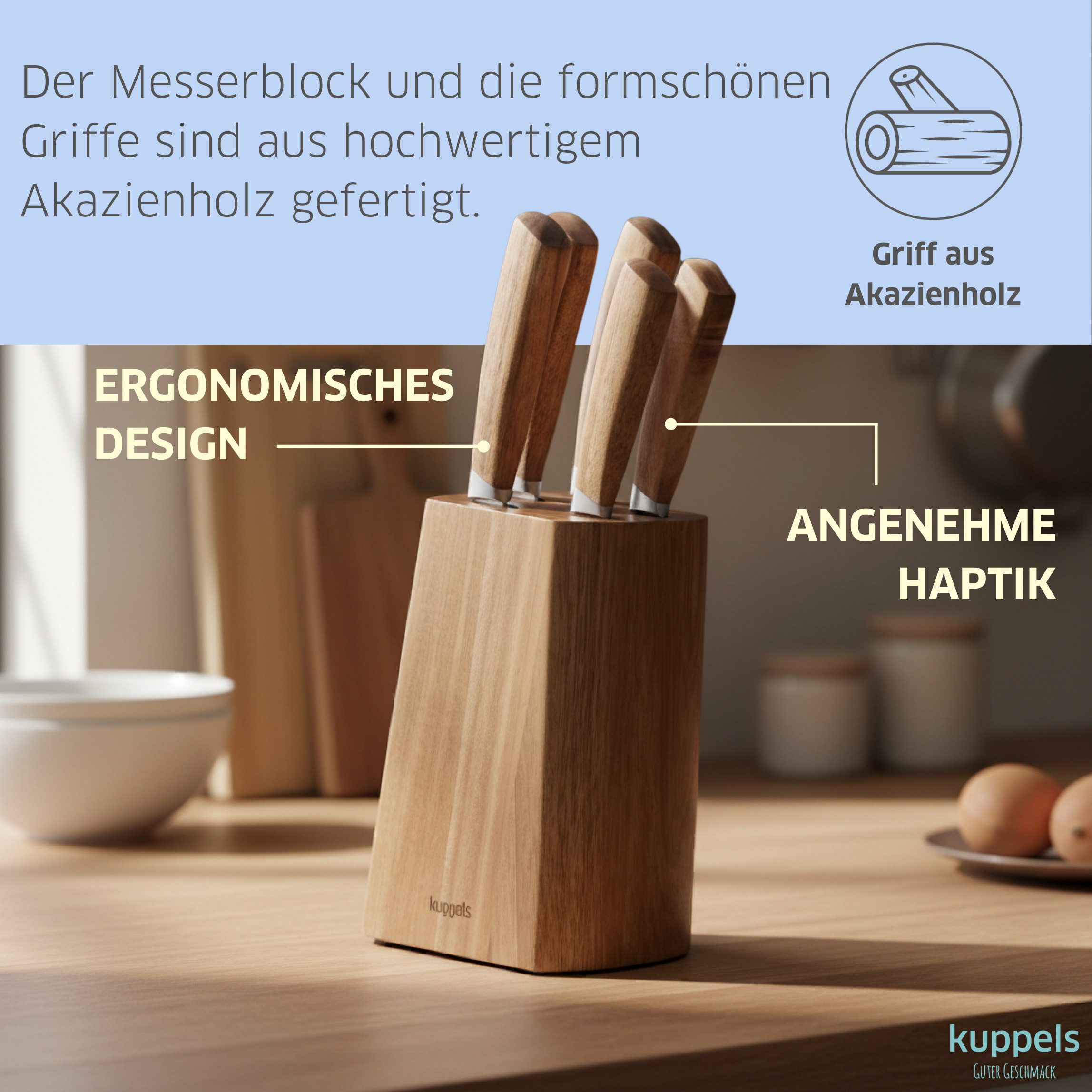 Kuppels Messerblock WOOD (5tlg), formschöner Akazienholzblock inklusive 5 Messern – Bild 4 von 5