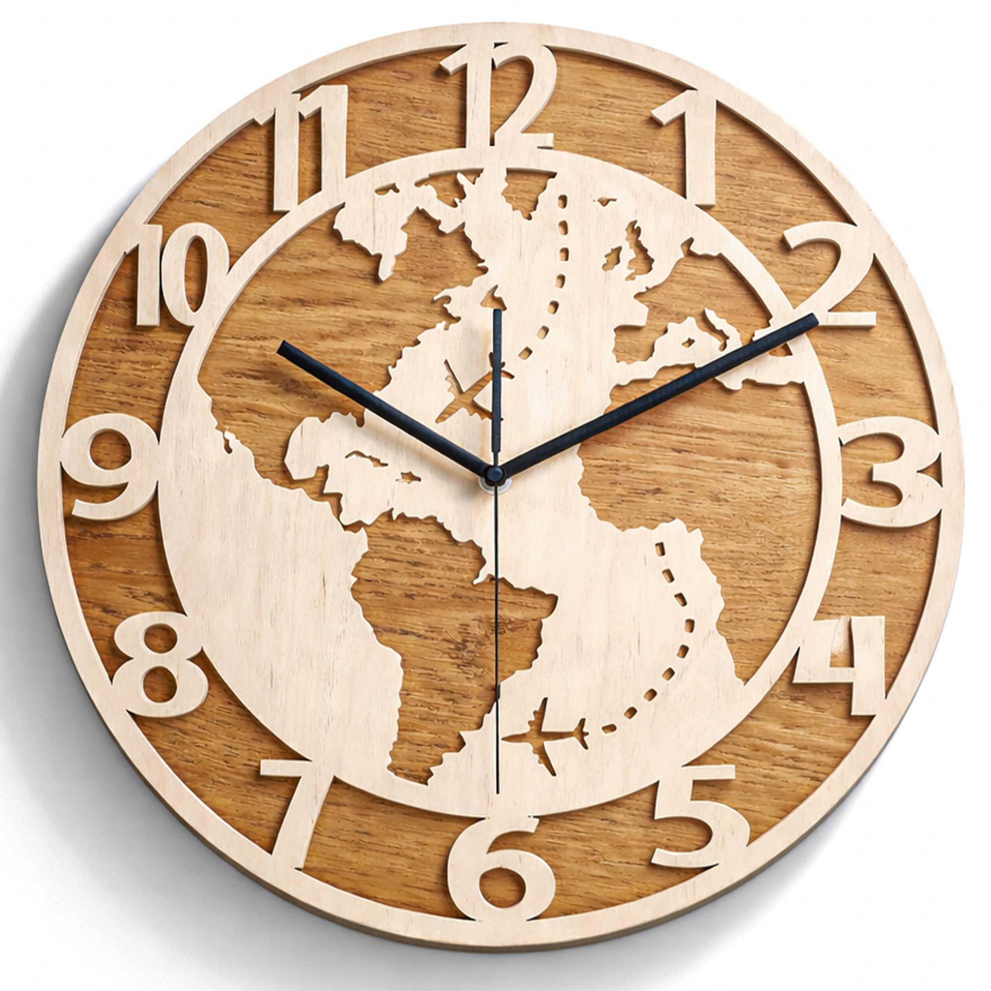 ORNAMENTI Wanduhr Dekorative Weltkarte, handgefertigte, Holz, Hingucker Wanddeko (lautlos, ohne Tickgeräusche, lesbare Ziffern)