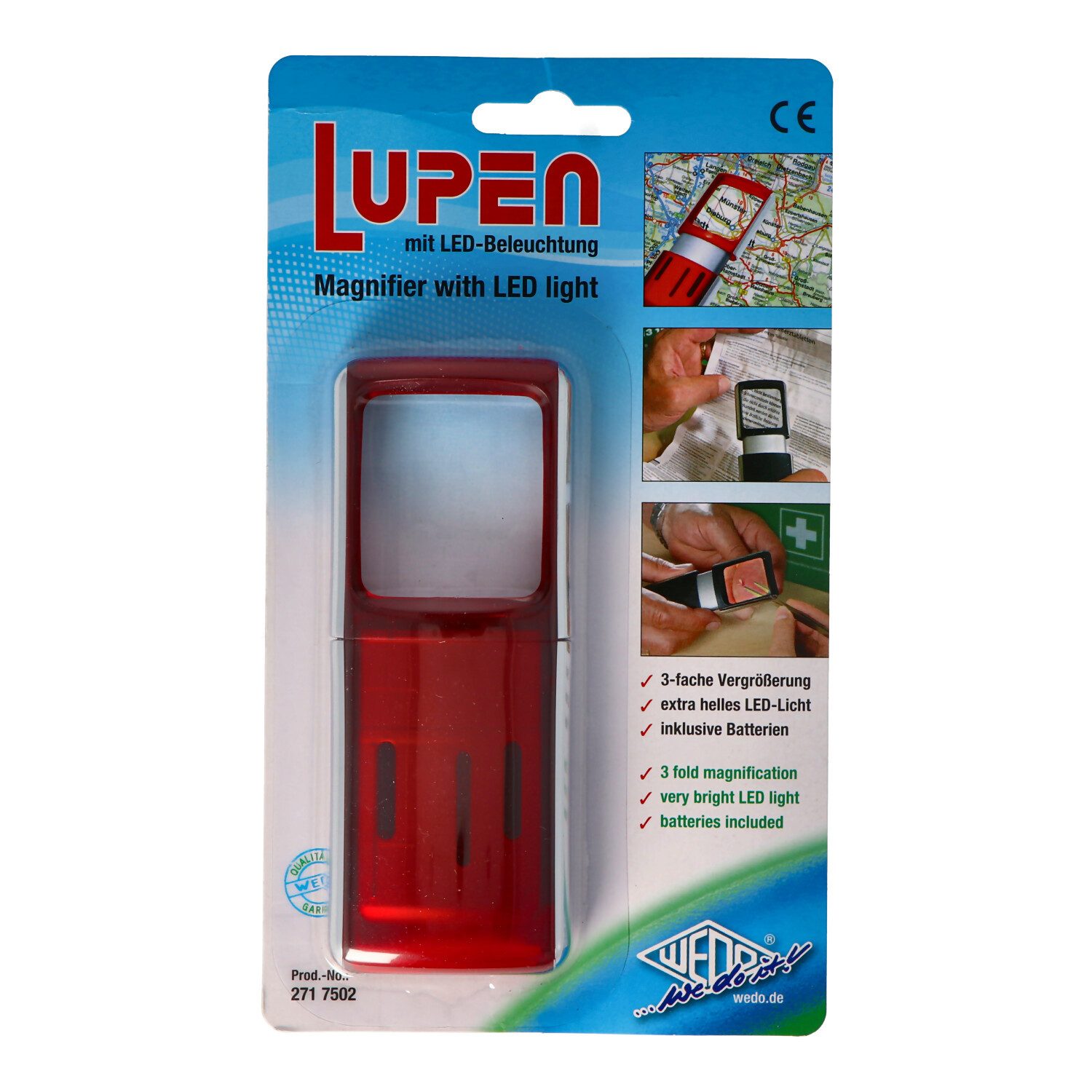 LED Taschenlampe Lupe mit LED-Beleuchtung und 3fach Vergrösserung Farbe Rot, in Bliste