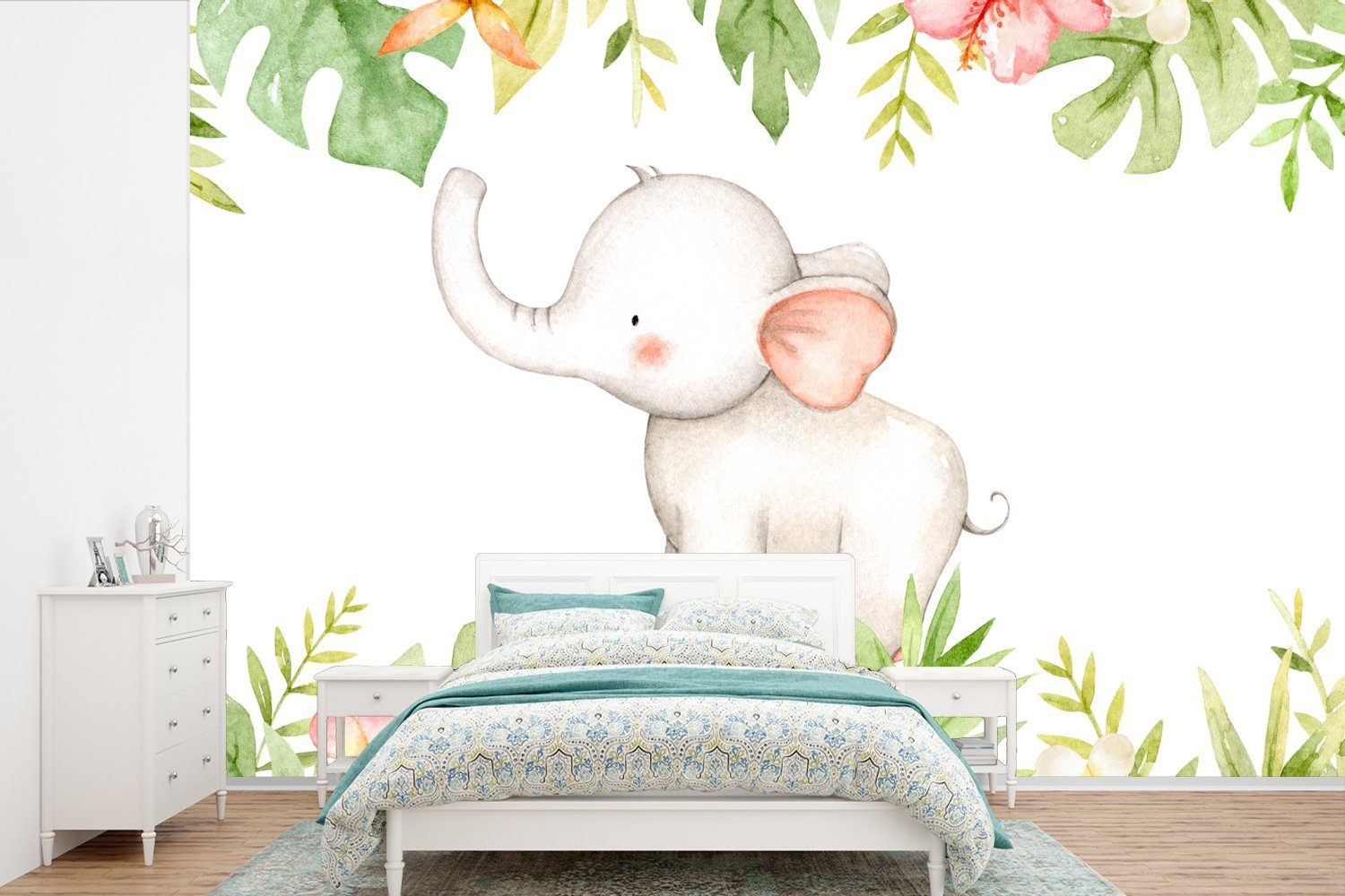 MuchoWow Fototapete Elefant - Dschungel - Aquarellfarbe, Matt, bedruckt, (6 St), Wallpaper für Wohnzimmer, Schlafzimmer, Kinderzimmer, Vinyl Tapete
