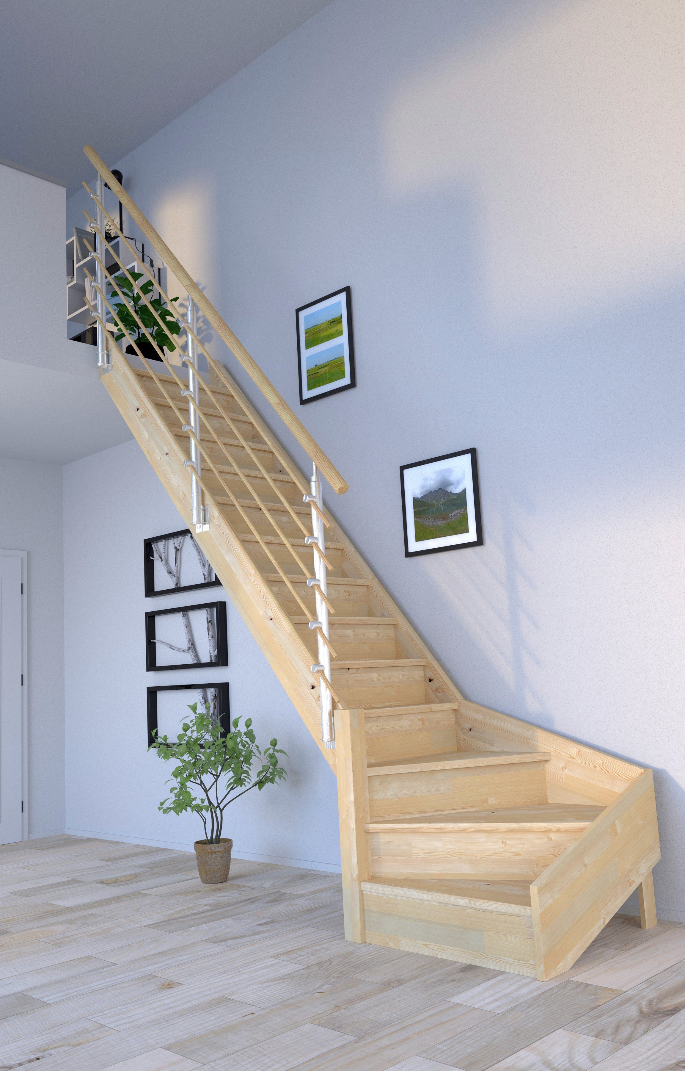 Starwood Raumspartreppe Massivholz Korfu, Design-Geländer Holzrundstäbe, für Geschosshöhen bis 300 cm, Stufen geschlossen, gewendelt Links, Durchgehende Wangenteile | Treppen