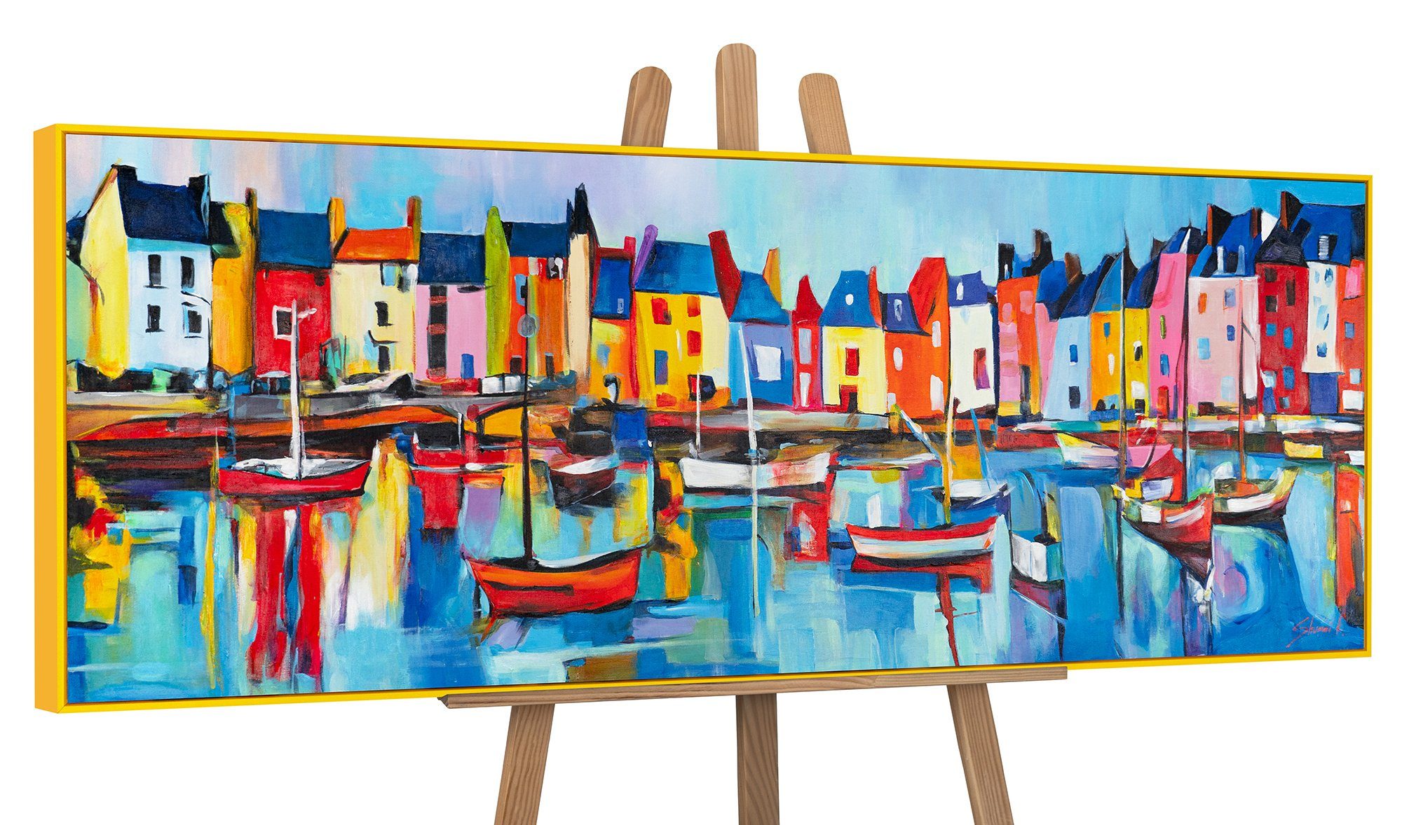 YS-Art Gemälde Lebhafter Hafen, Meer, Segelboote am See mit Häuserlandschaft, Wandbild gerahmt