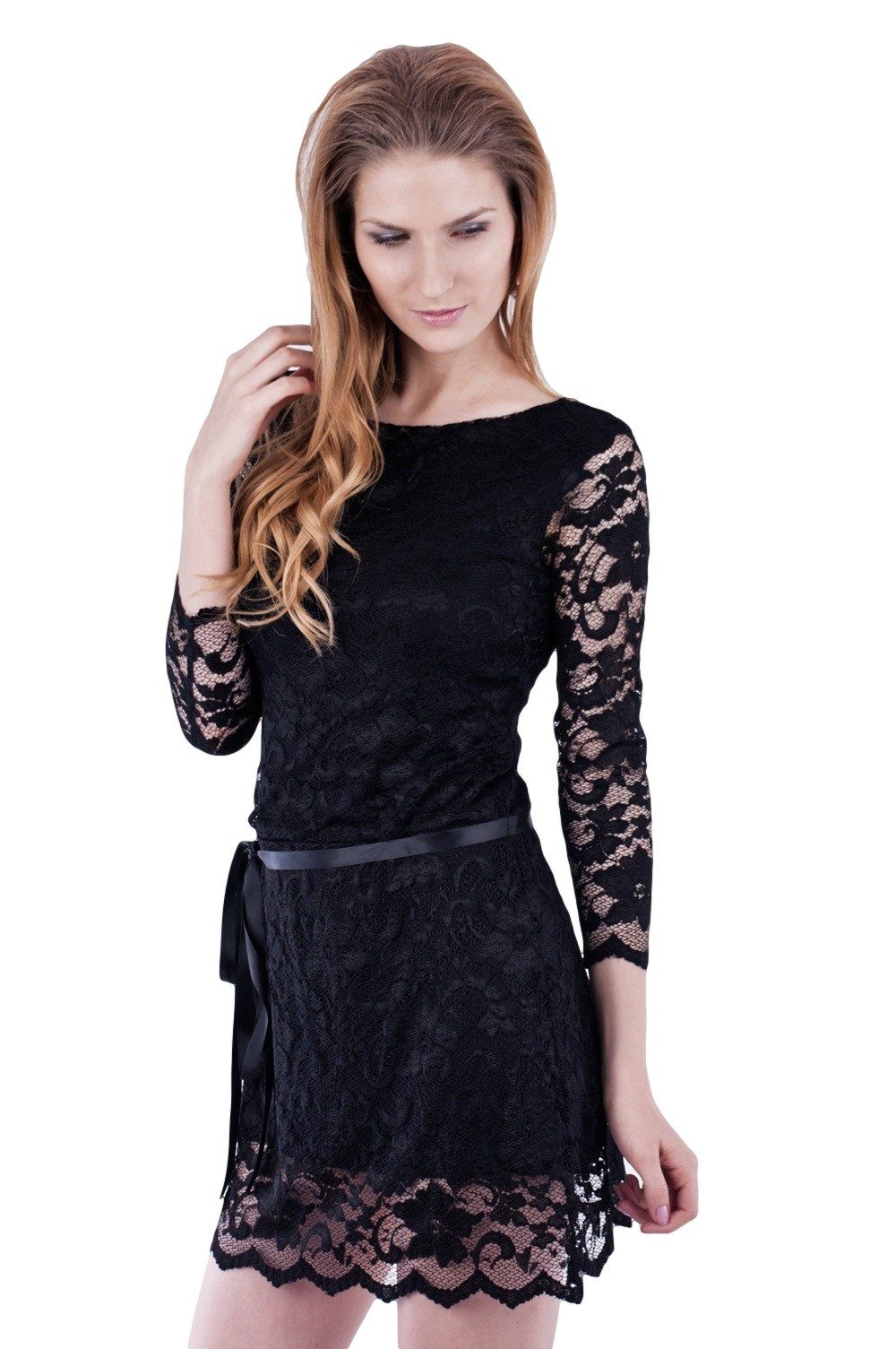 Spitzenkleid Schwarzes Kleid aus Spitze mit Deko-Band, John Zack XL