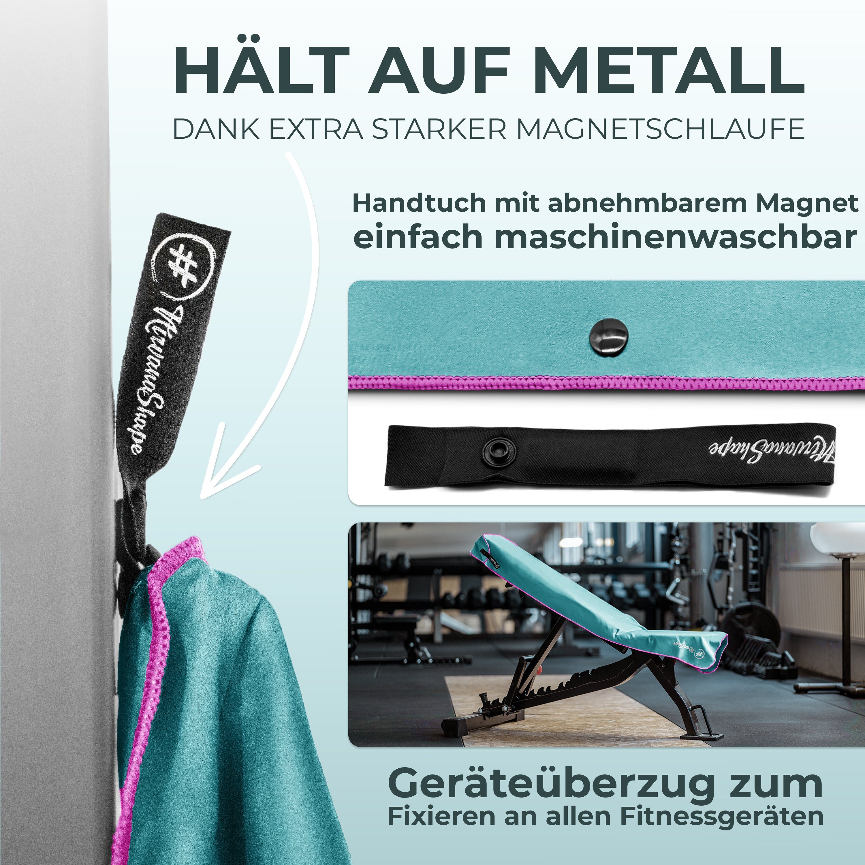 NirvanaShape Sporthandtuch Fitness-Handtuch mit Magnet-Clip, Mikrofaser Sporthandtuch, Microfaser, 2x Reißverschlusstaschen & Funktionaler Geräteüberzug, Ultra- – Bild 5 von 5