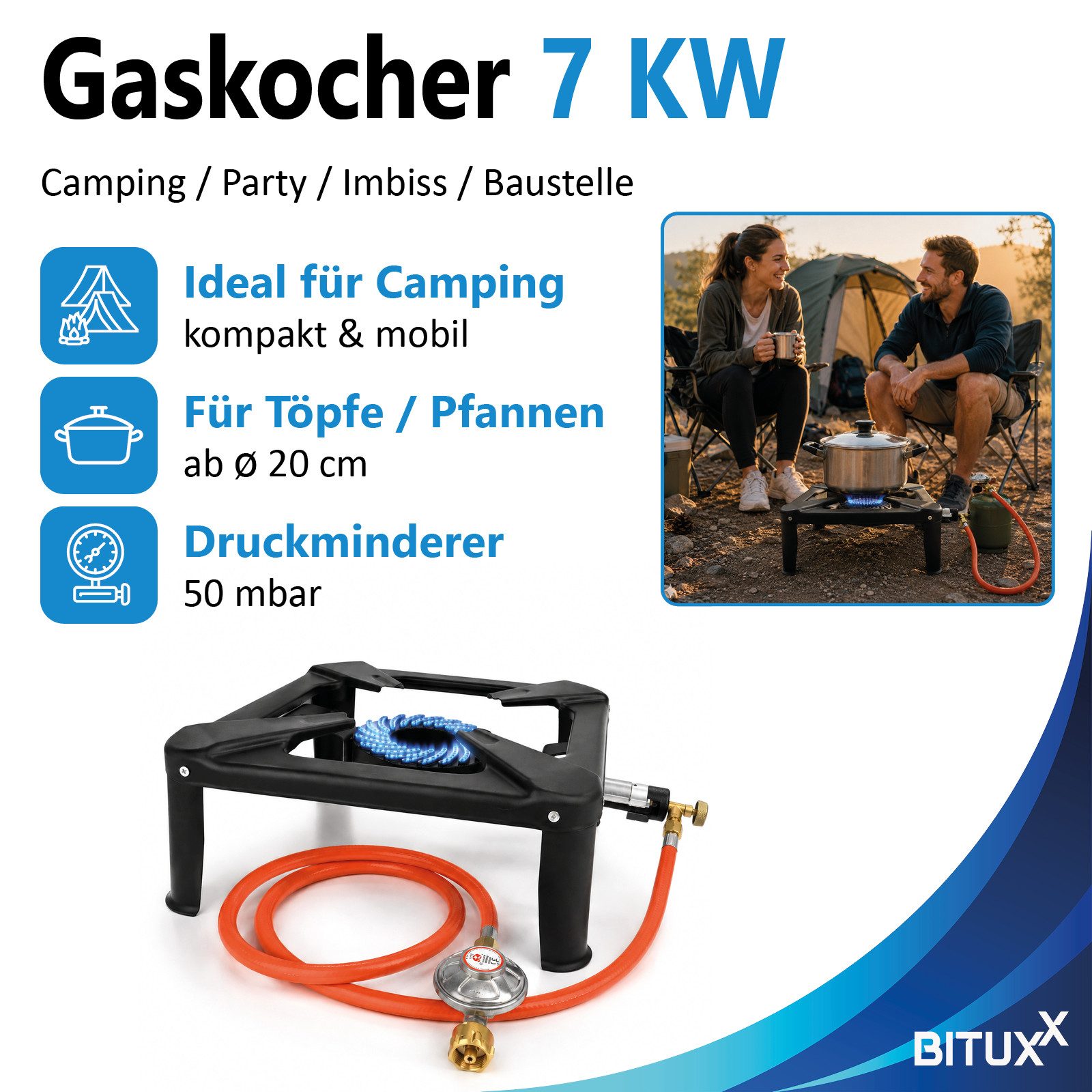 Bituxx Gaskocher Gaskocher / Hockerkocher 7 kW, (MS-17835)