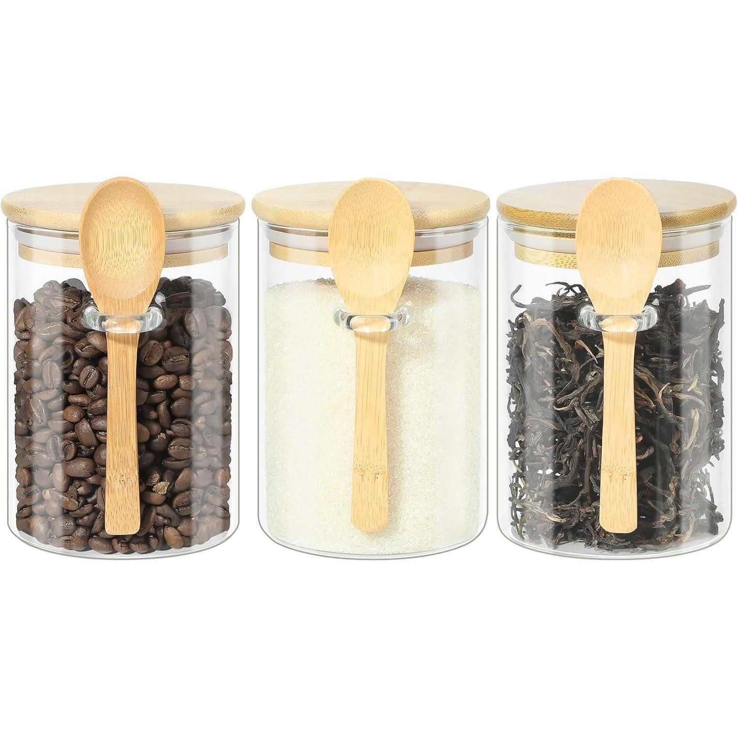 LuxusKollektion Vorratsglas Glasbehälter Holzdeckel Luftdicht Löffel 3 Pack 600ml, Glas