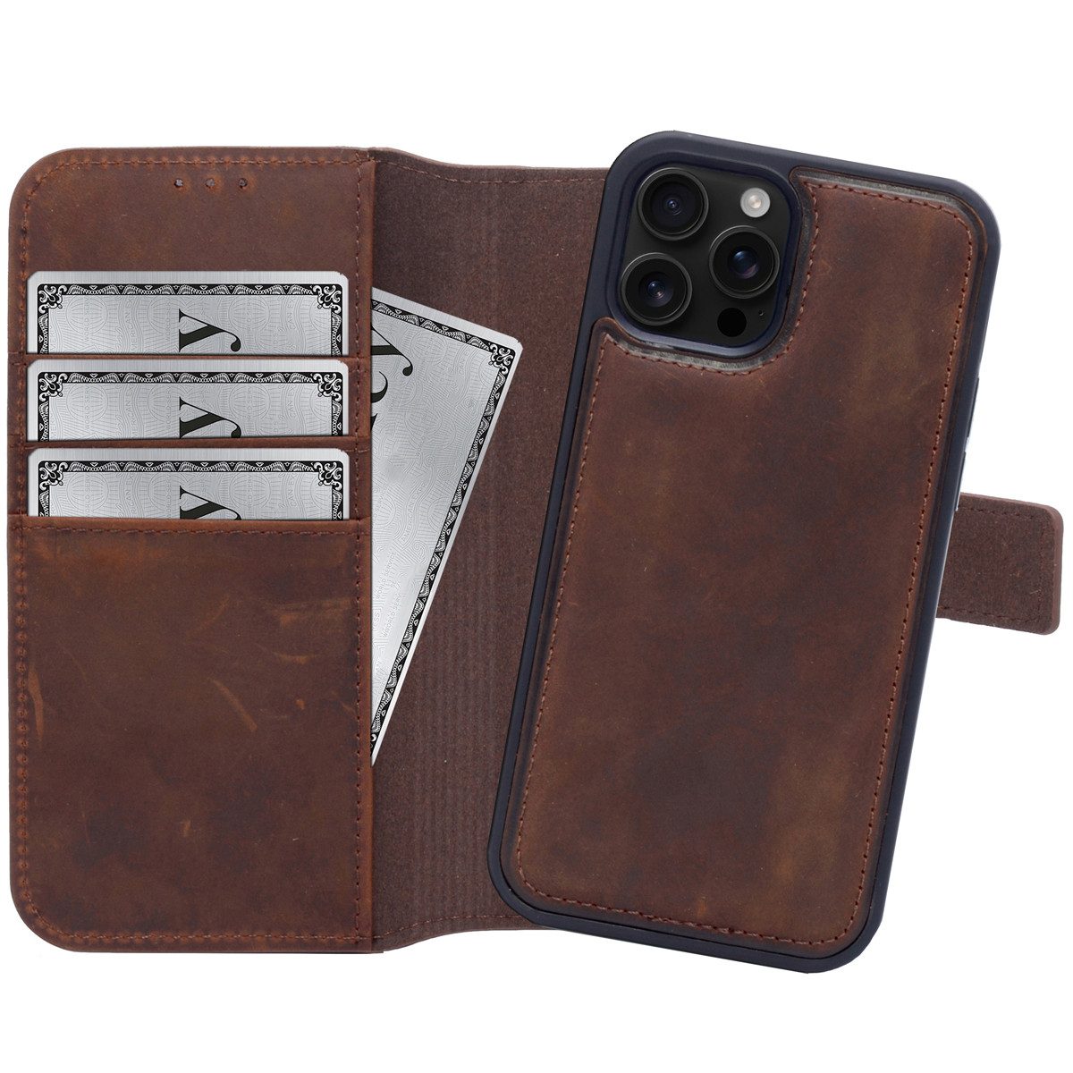 Burkley Handytasche iPhone 16 Pro Handytasche mit modularem Back Case (1-tlg., Book Case Lederhülle mit Kartenfach und Magnetverschluss), herausnehmbare Innenhülle, Kartenfächer, Kick-Stand
